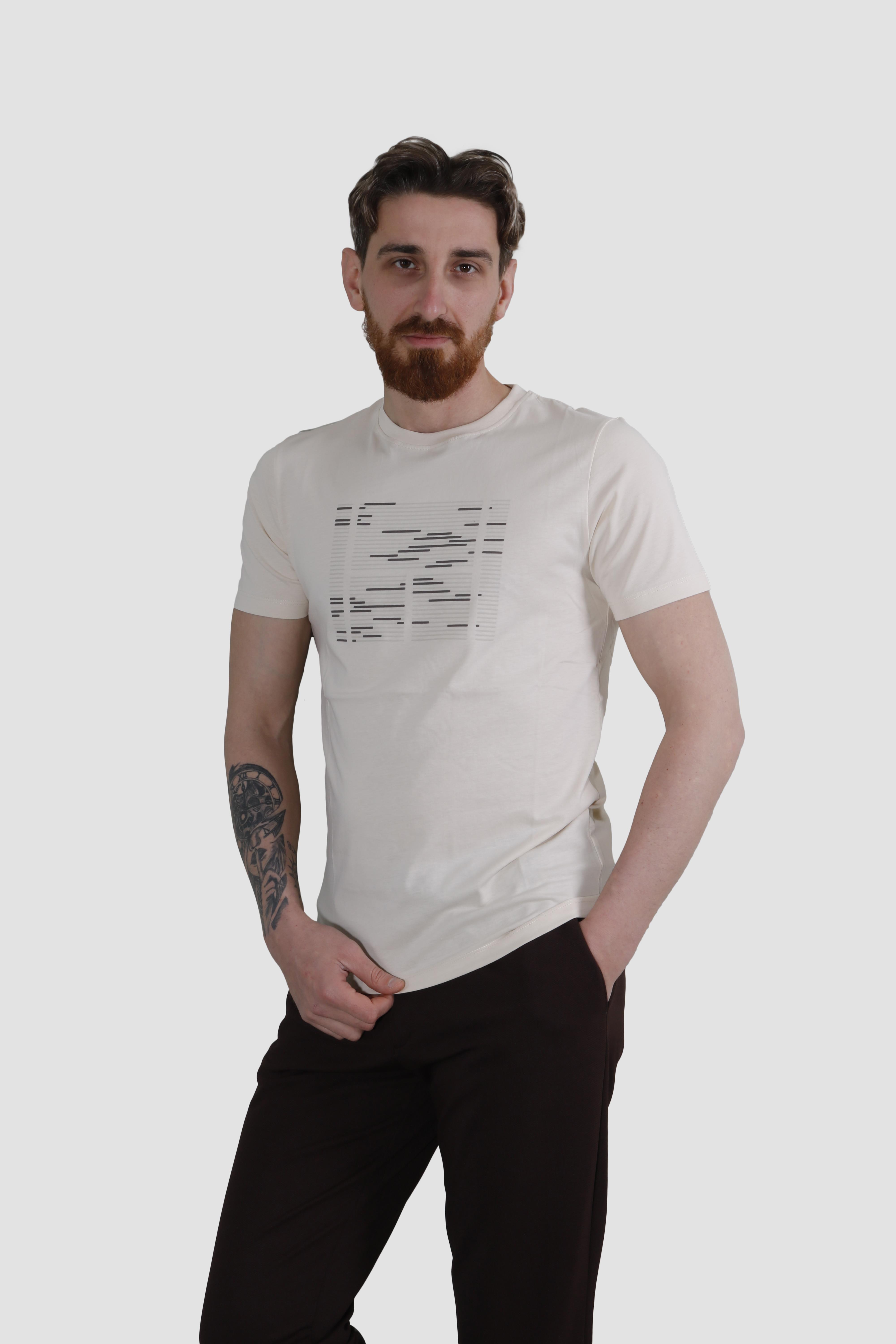 Erkek Bisiklet Yaka Basklı Pamuklu Slim Fit Tişört 3170-BEJ