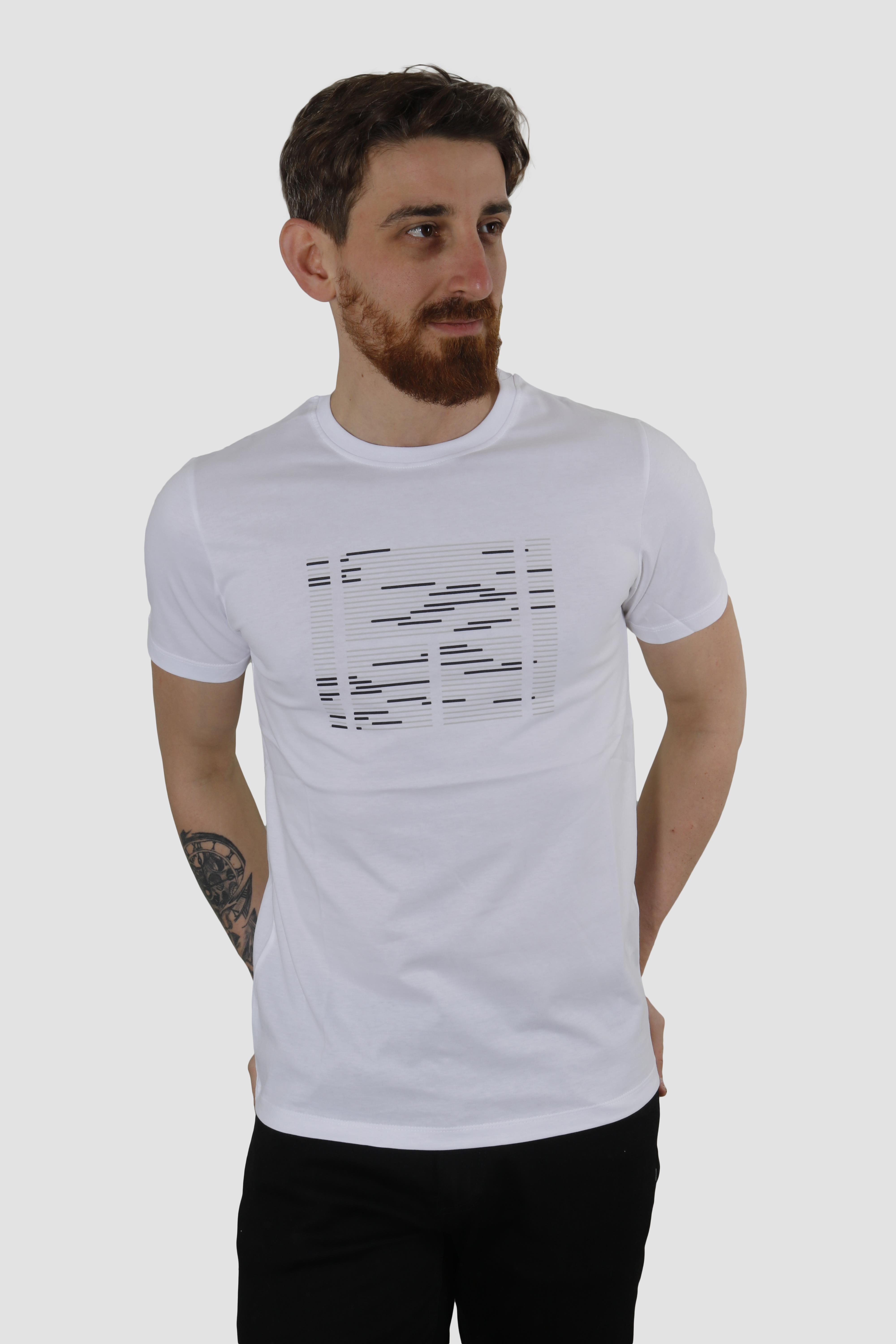 Erkek Bisiklet Yaka Basklı Pamuklu Slim Fit Tişört 3170-BEYAZ
