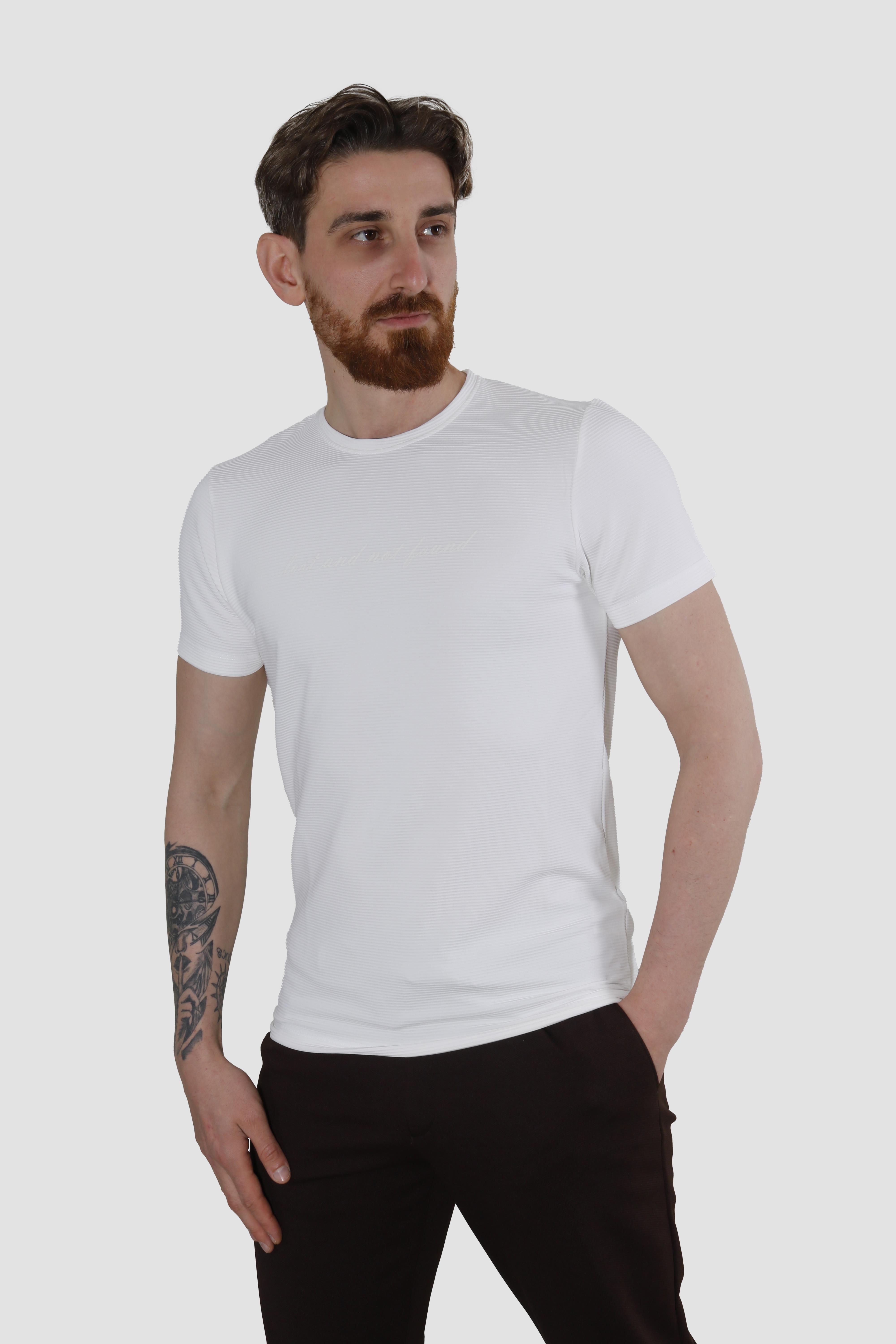 Erkek Bisiklet Yaka Jakarlı Pamuklu Slim Fit Tişört 3185-BEYAZ