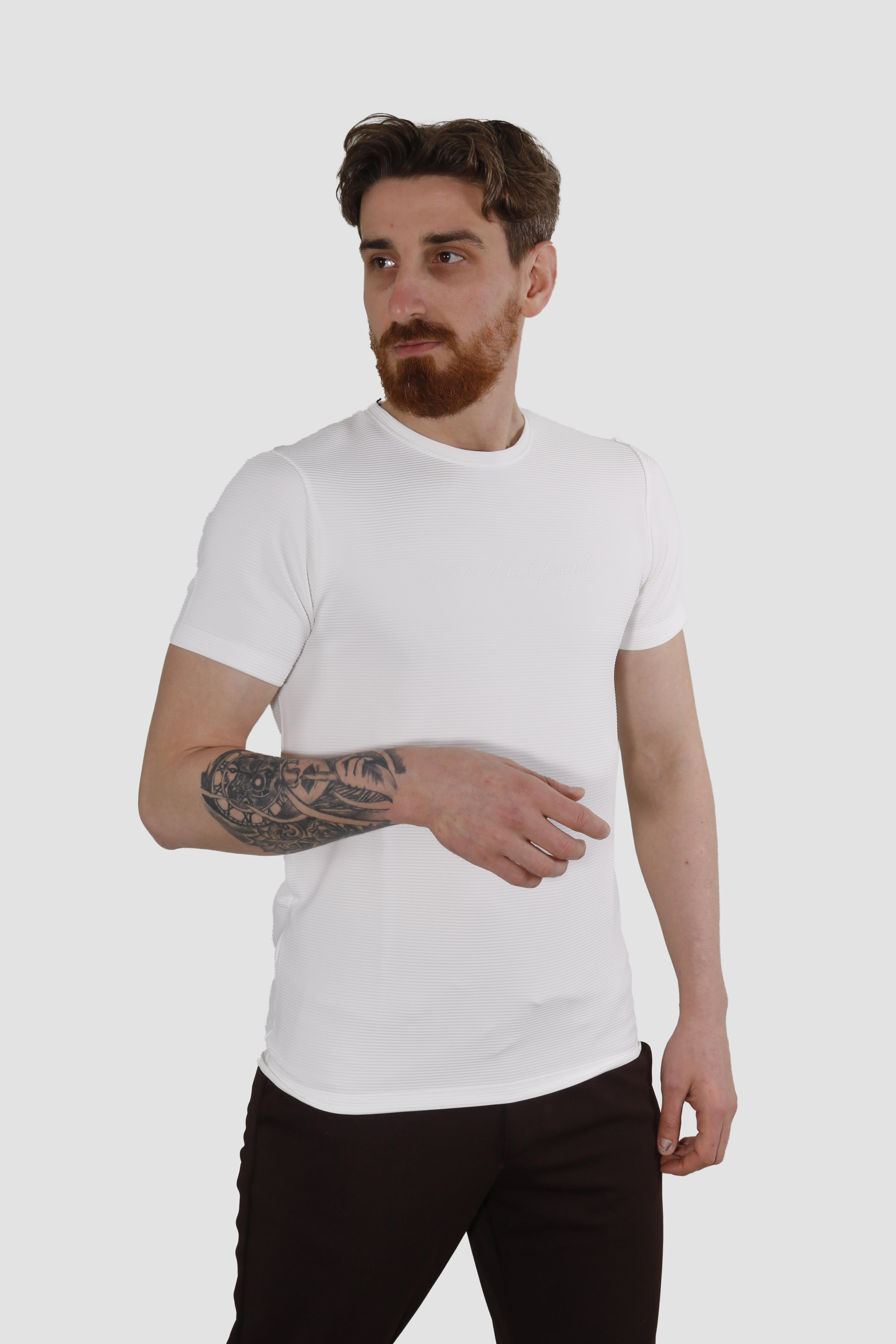 Erkek Bisiklet Yaka Jakarlı Pamuklu Slim Fit Tişört 3185-BEYAZ