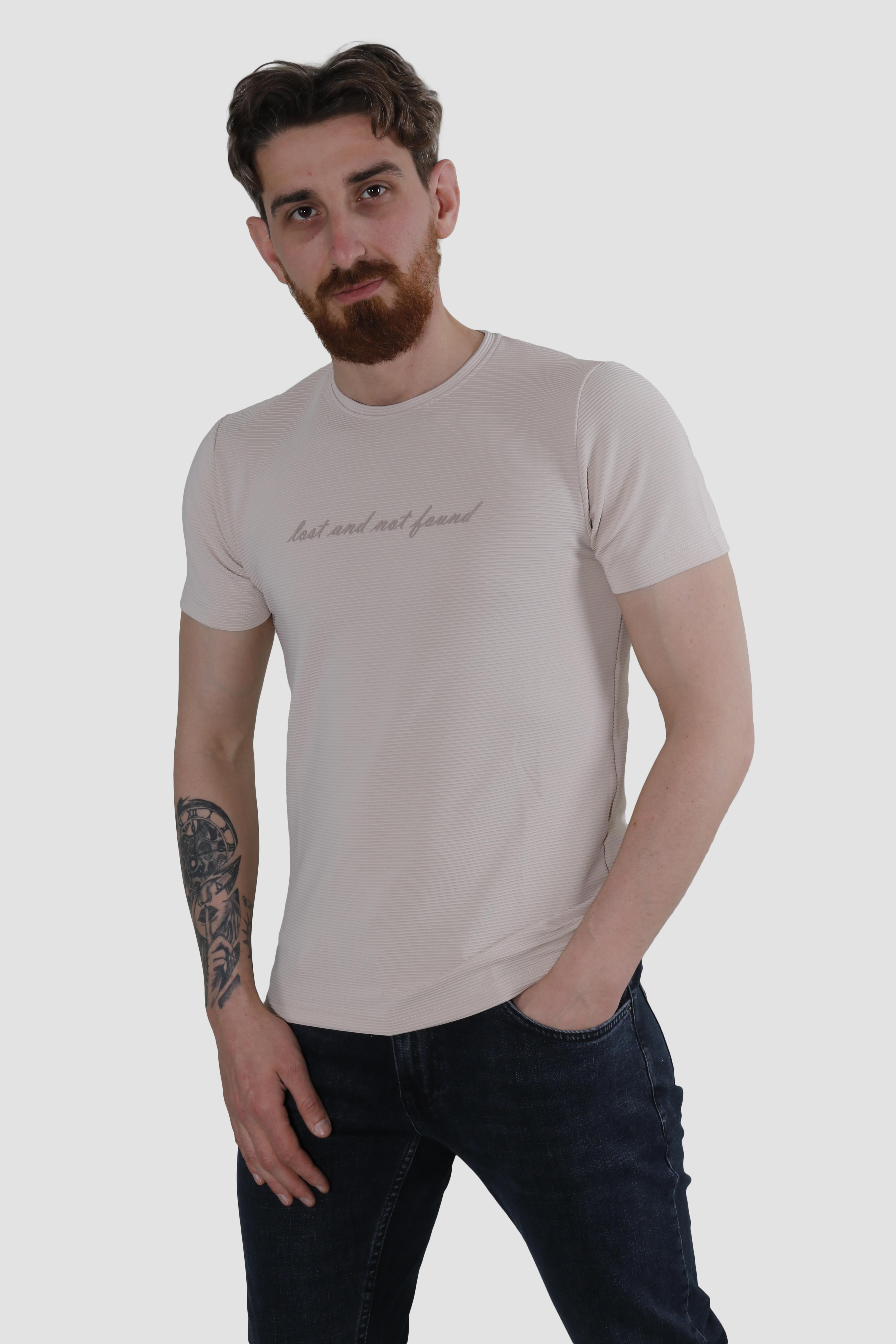 Erkek Bisiklet Yaka Jakarlı Pamuklu Slim Fit Tişört 3185-BEJ