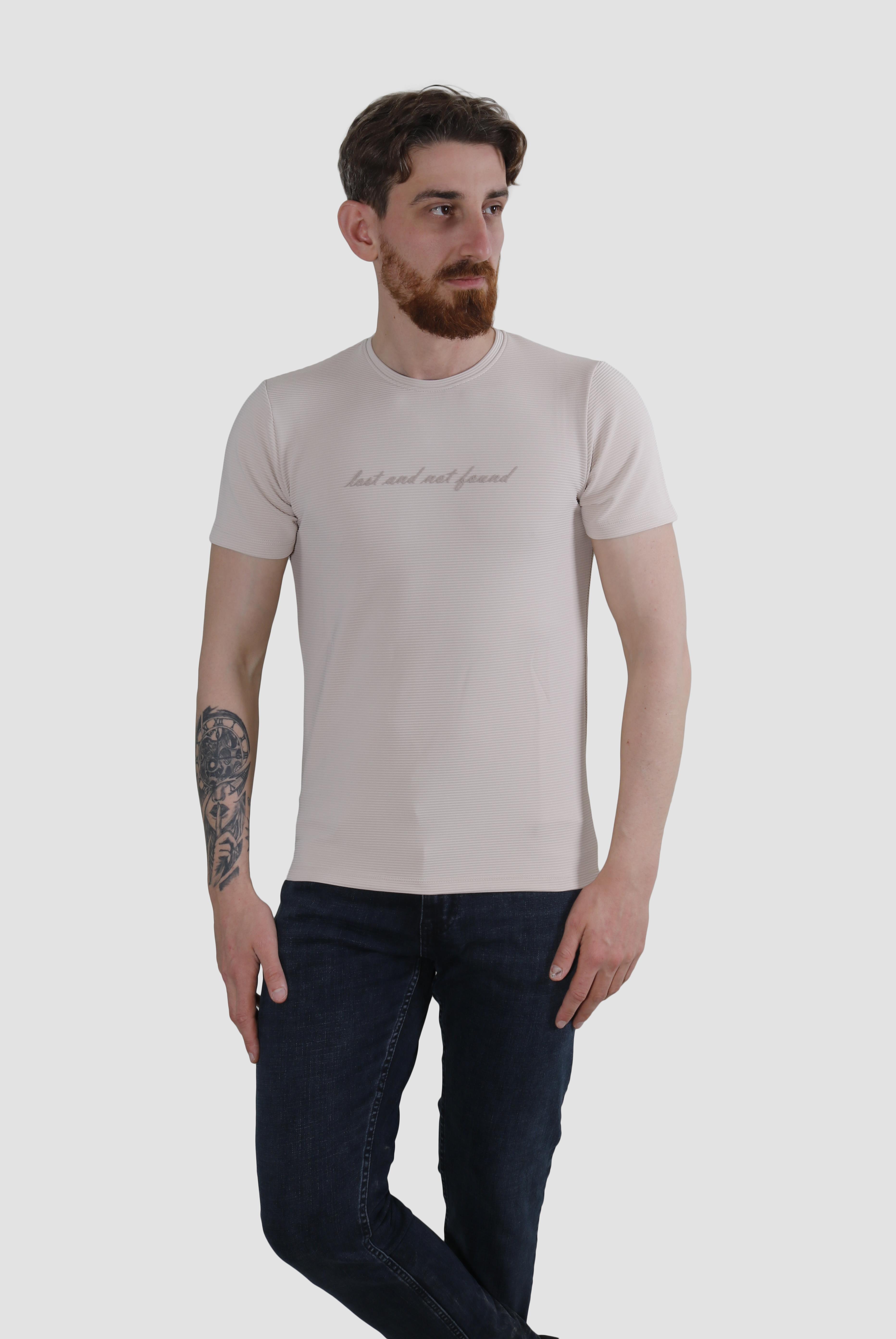 Erkek Bisiklet Yaka Jakarlı Pamuklu Slim Fit Tişört 3185-BEJ