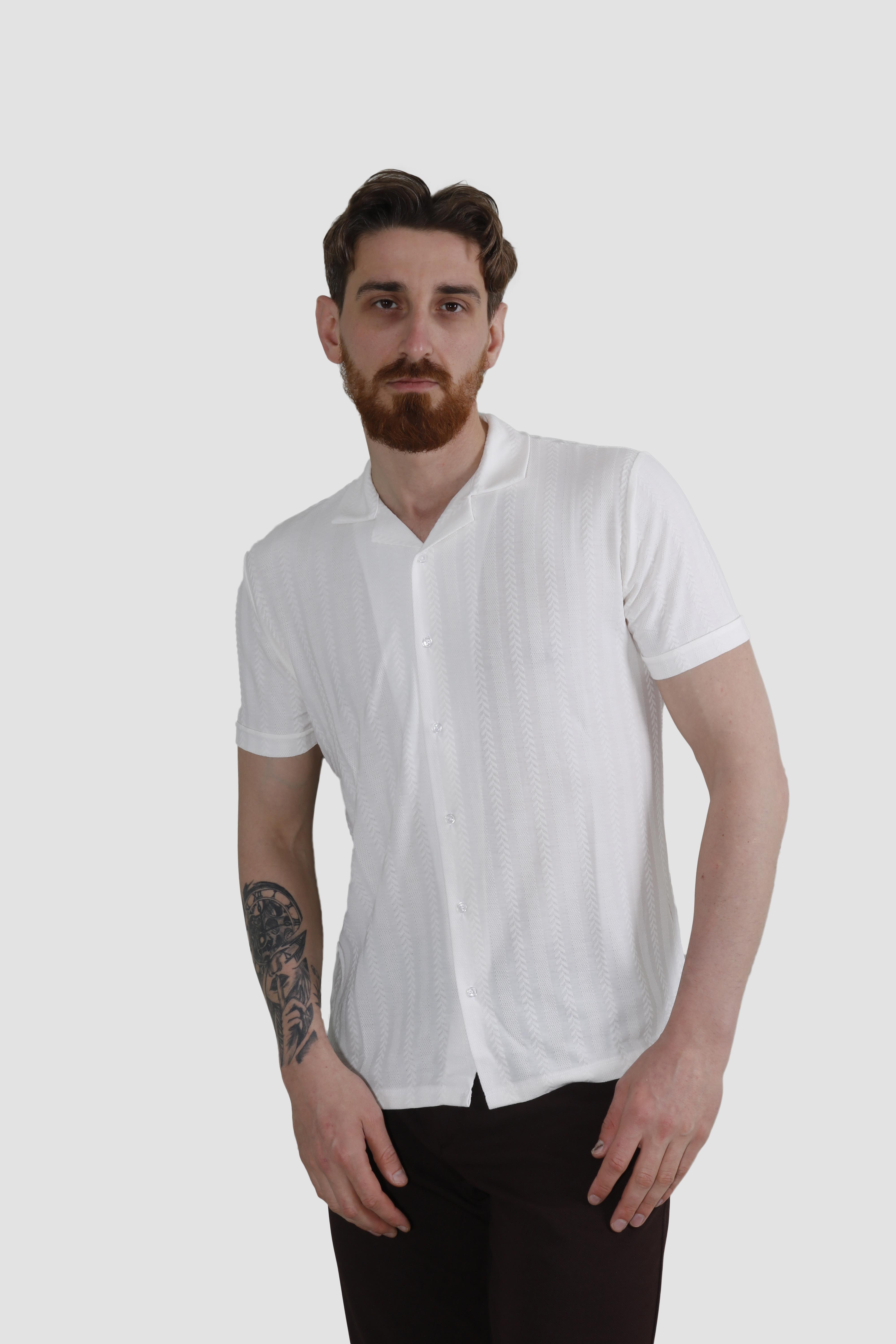 Erkek Pamuklu Apaçi Yaka Dokuma Slim Fit Yazlık Gömlek 3201-G-BEYAZ