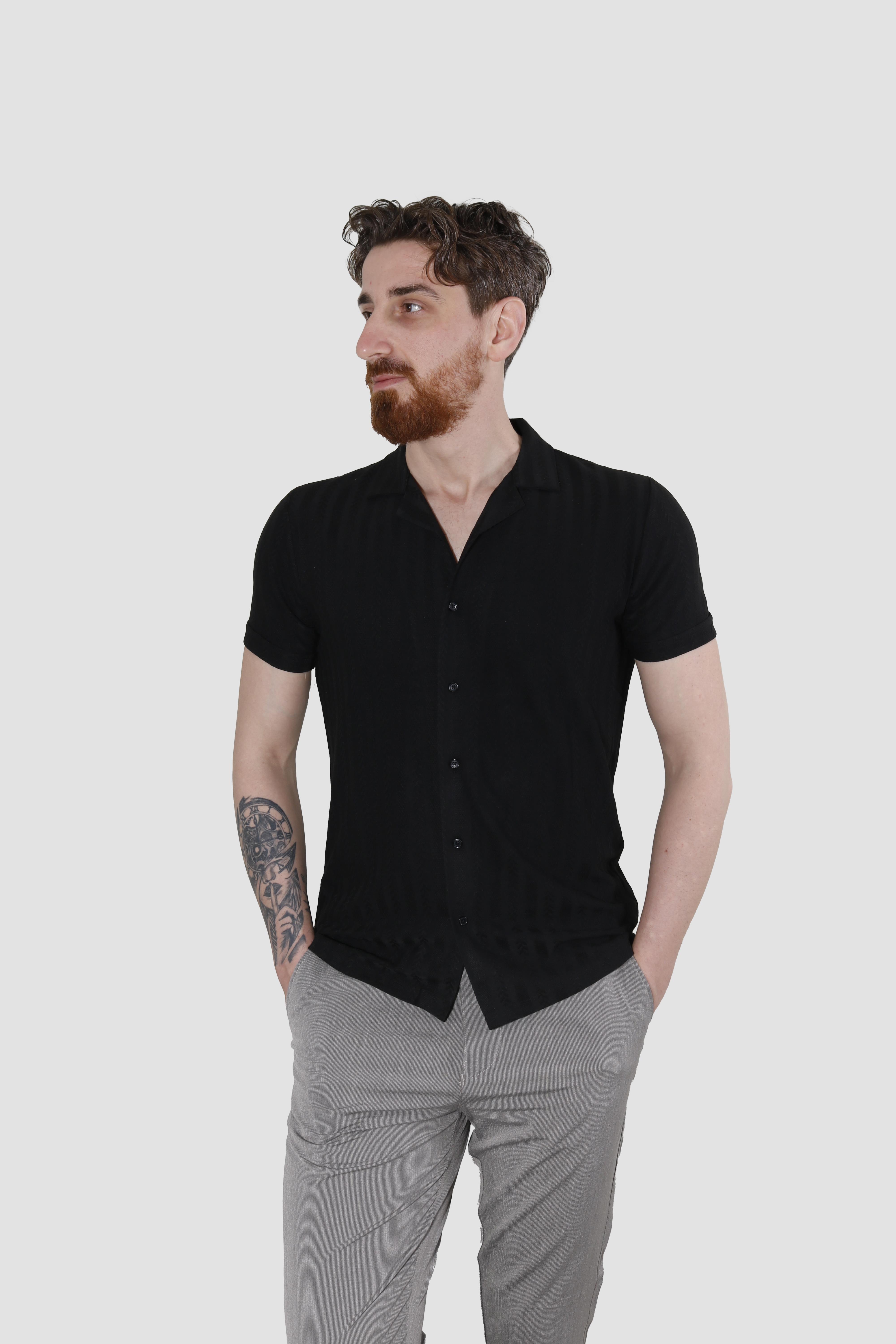 Erkek Pamuklu Apaçi Yaka Dokuma Slim Fit Yazlık Gömlek 3201-G-SİYAH