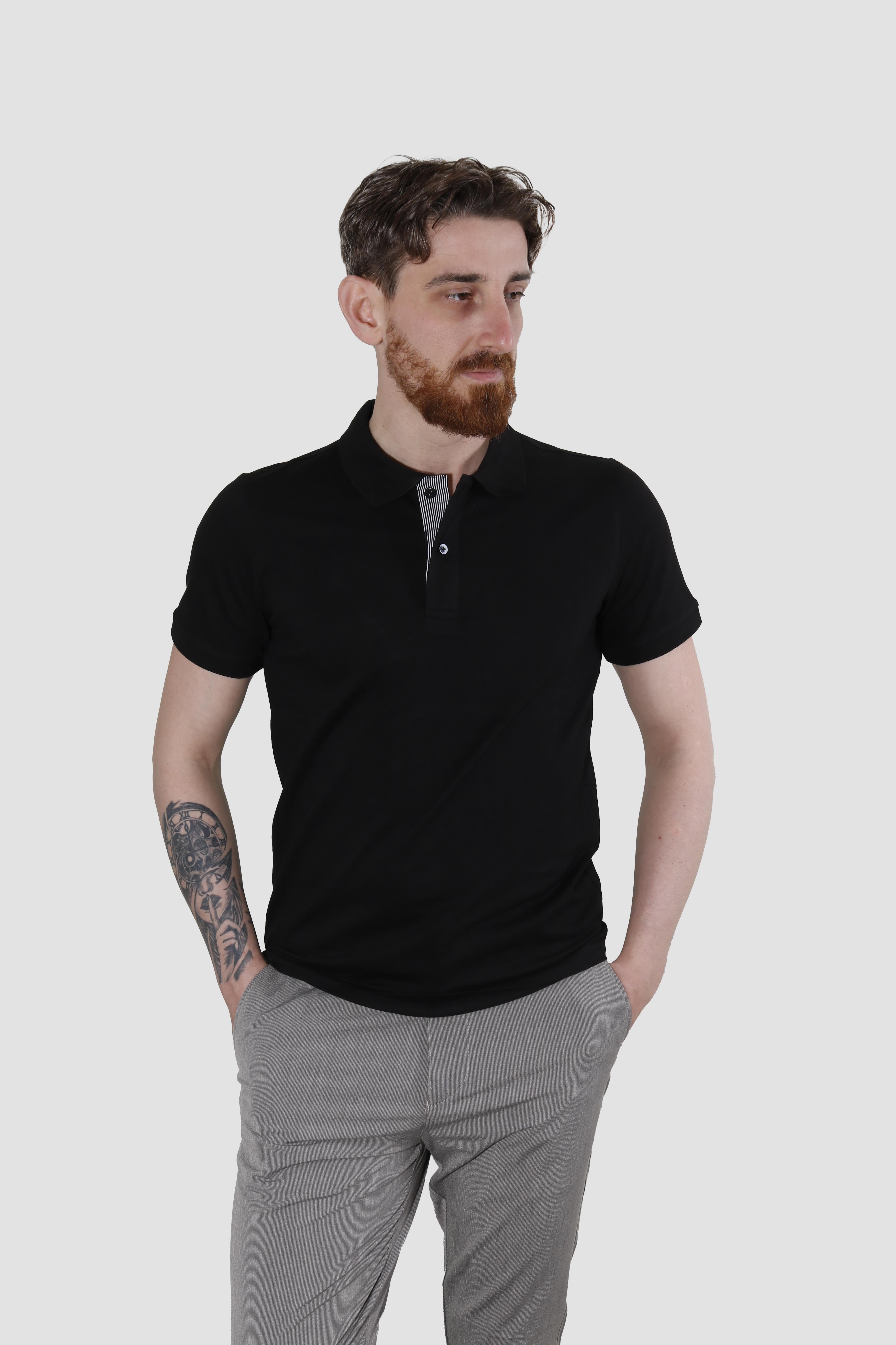 Erkek Polo Yaka Düz Pamuklu Slim Fit Tişört 3225Y-SİYAH