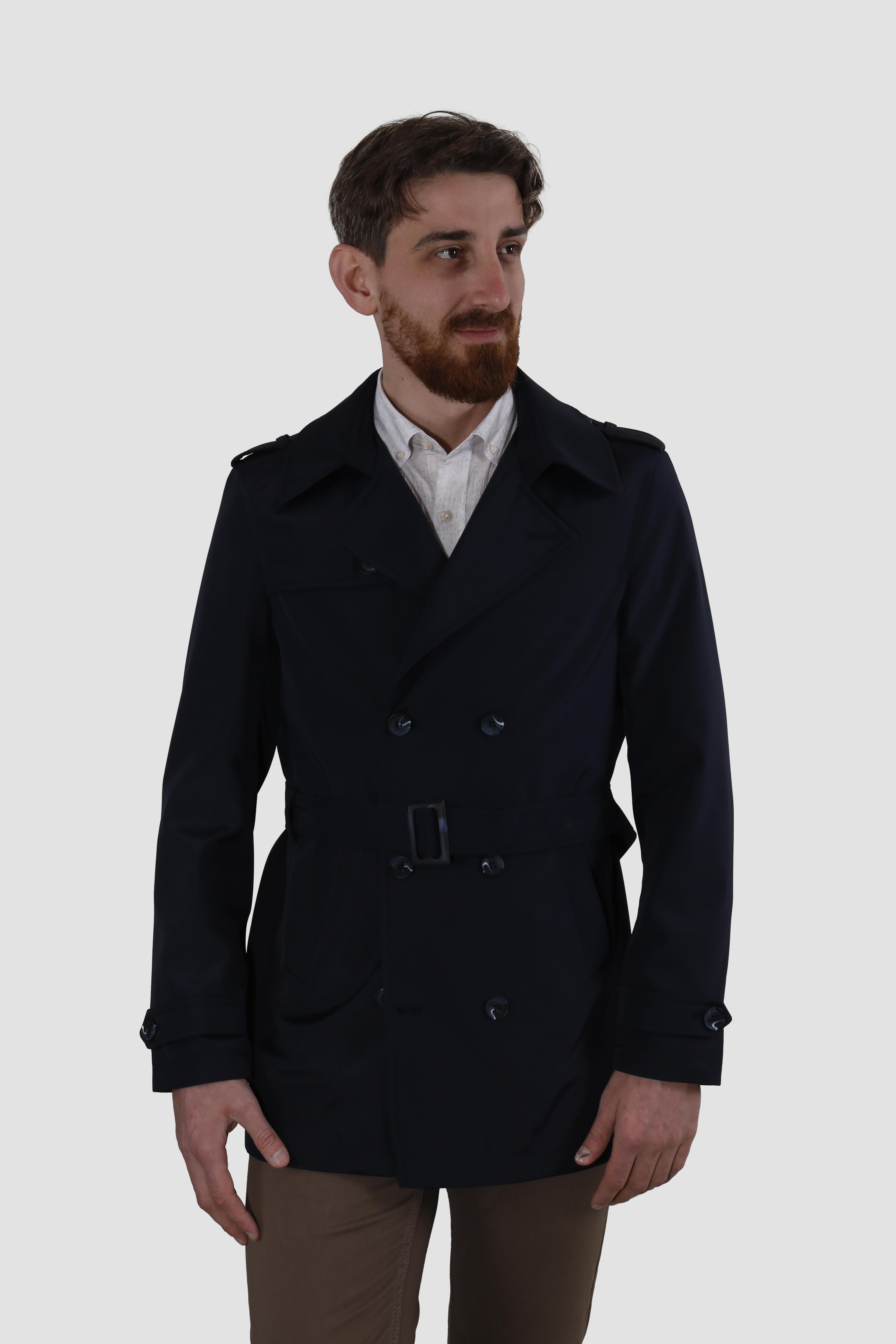 Erkek Kısa Kruvaze Trençkot Slim Fit 4030-LACİVERT