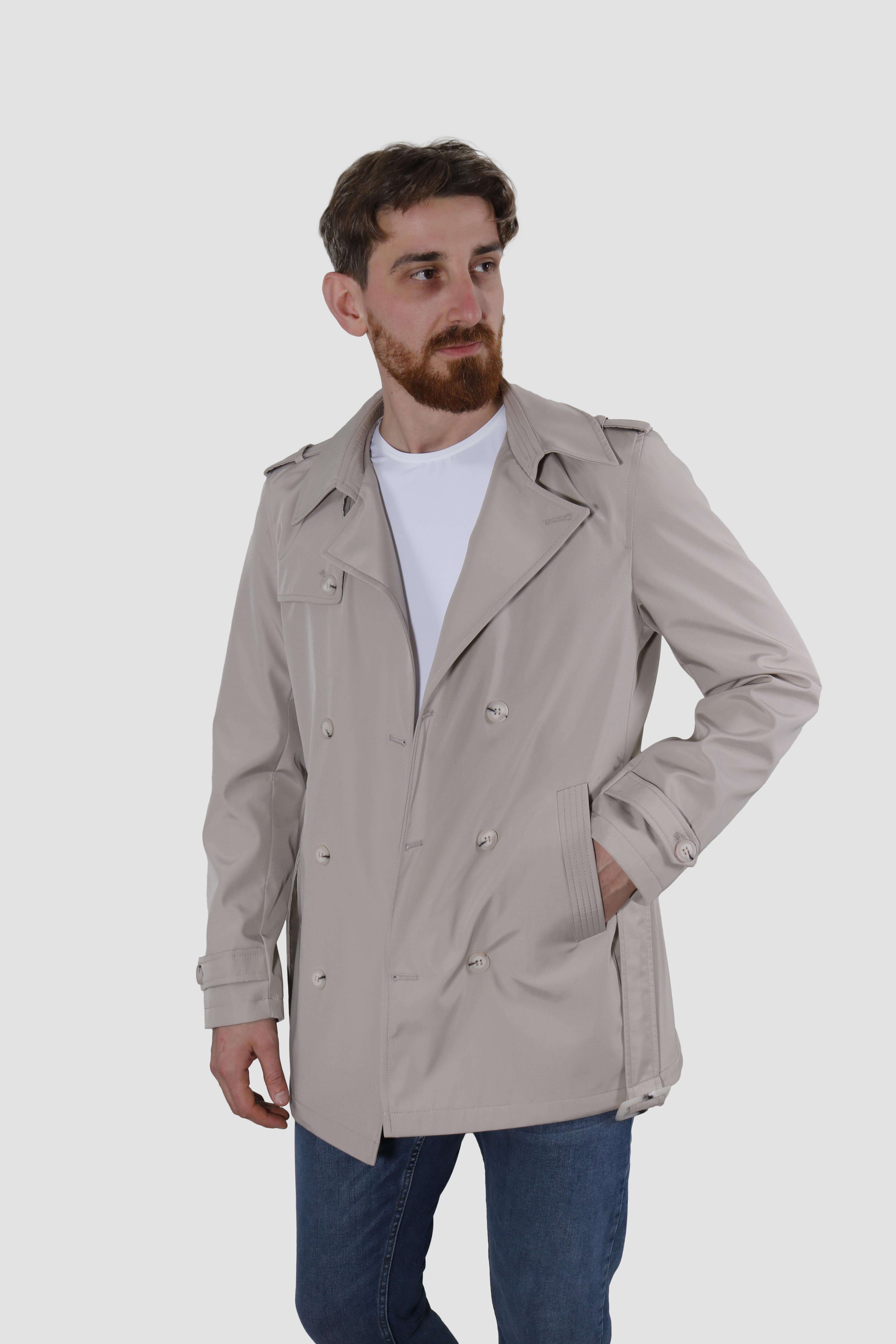 Erkek Kısa Kruvaze Trençkot Slim Fit 4030-TAŞ