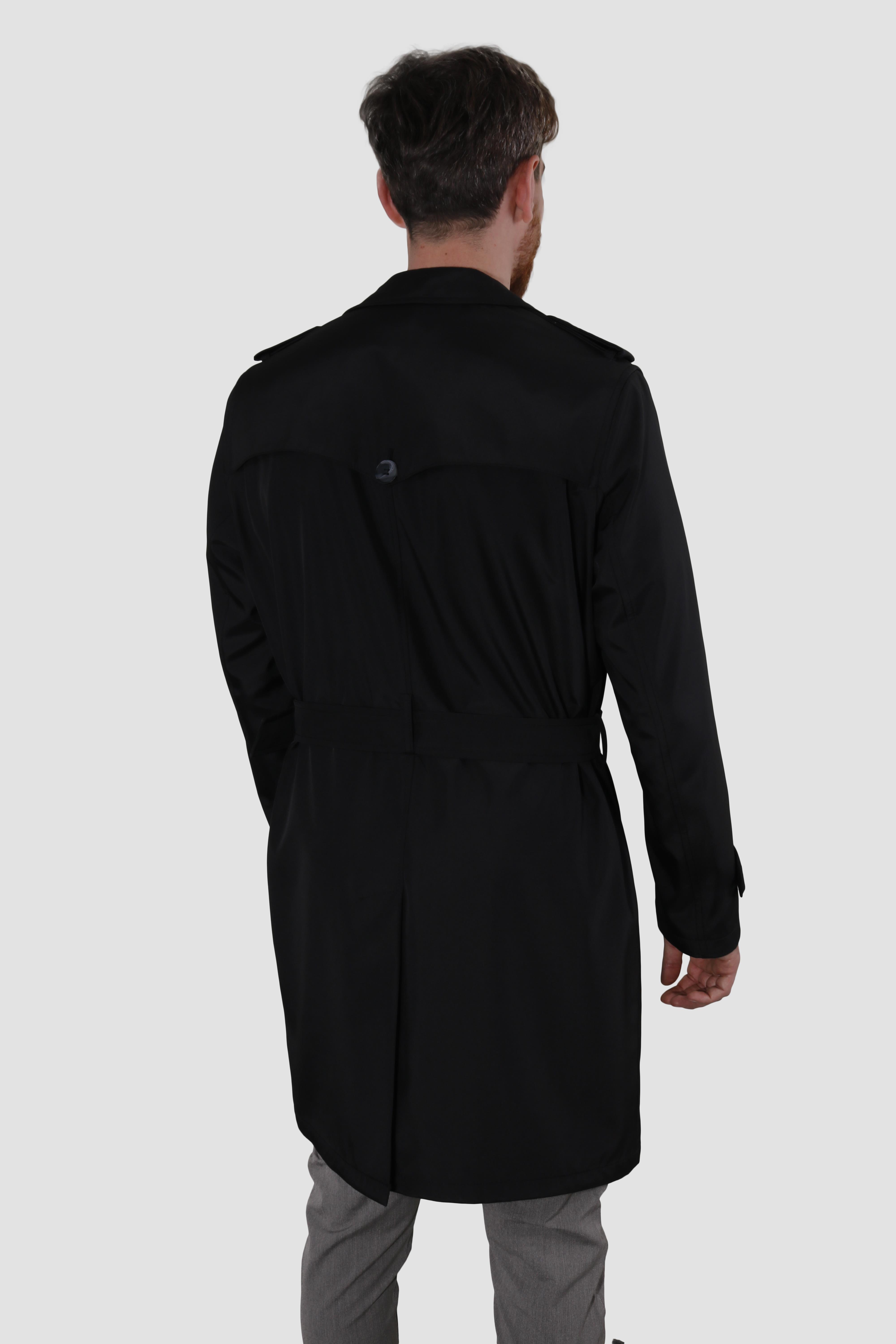 Erkek Uzun Kruvaze Trençkot Regular Fit 5030-SİYAH