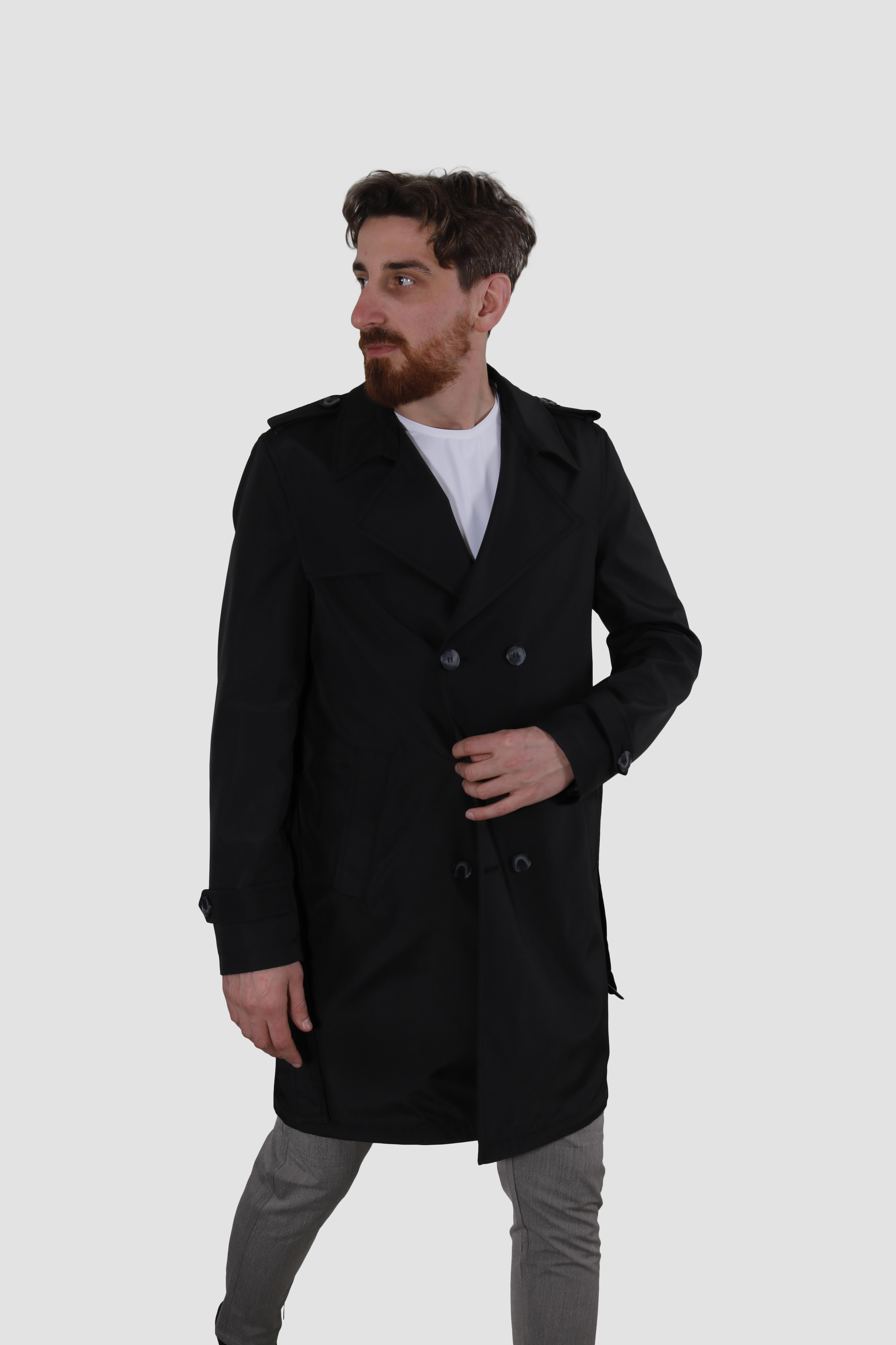 Erkek Uzun Kruvaze Trençkot Regular Fit 5030-SİYAH