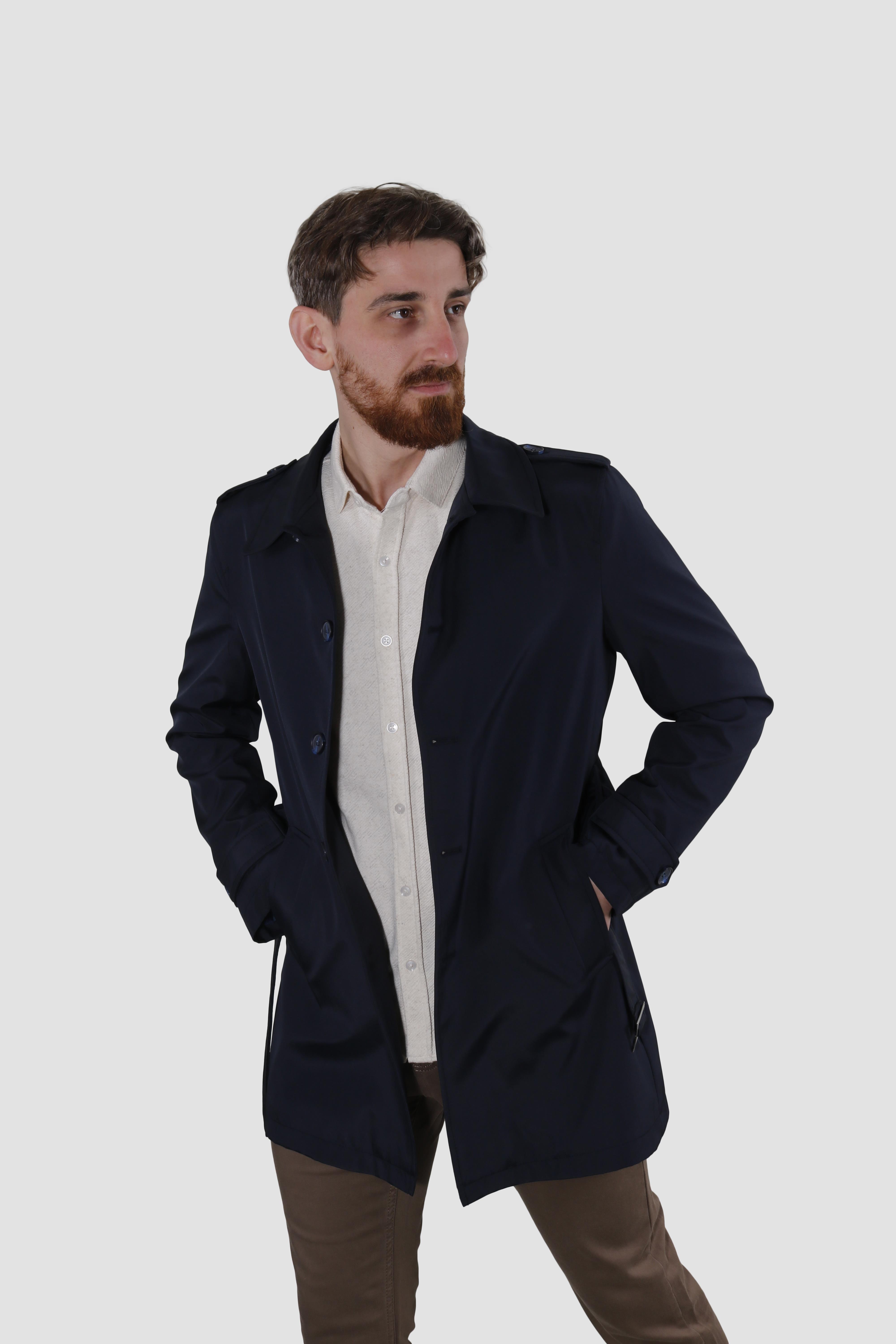 Erkek Uzun Kemerli Bebe Yaka Kruvaze Trençkot 5068-LACİVERT