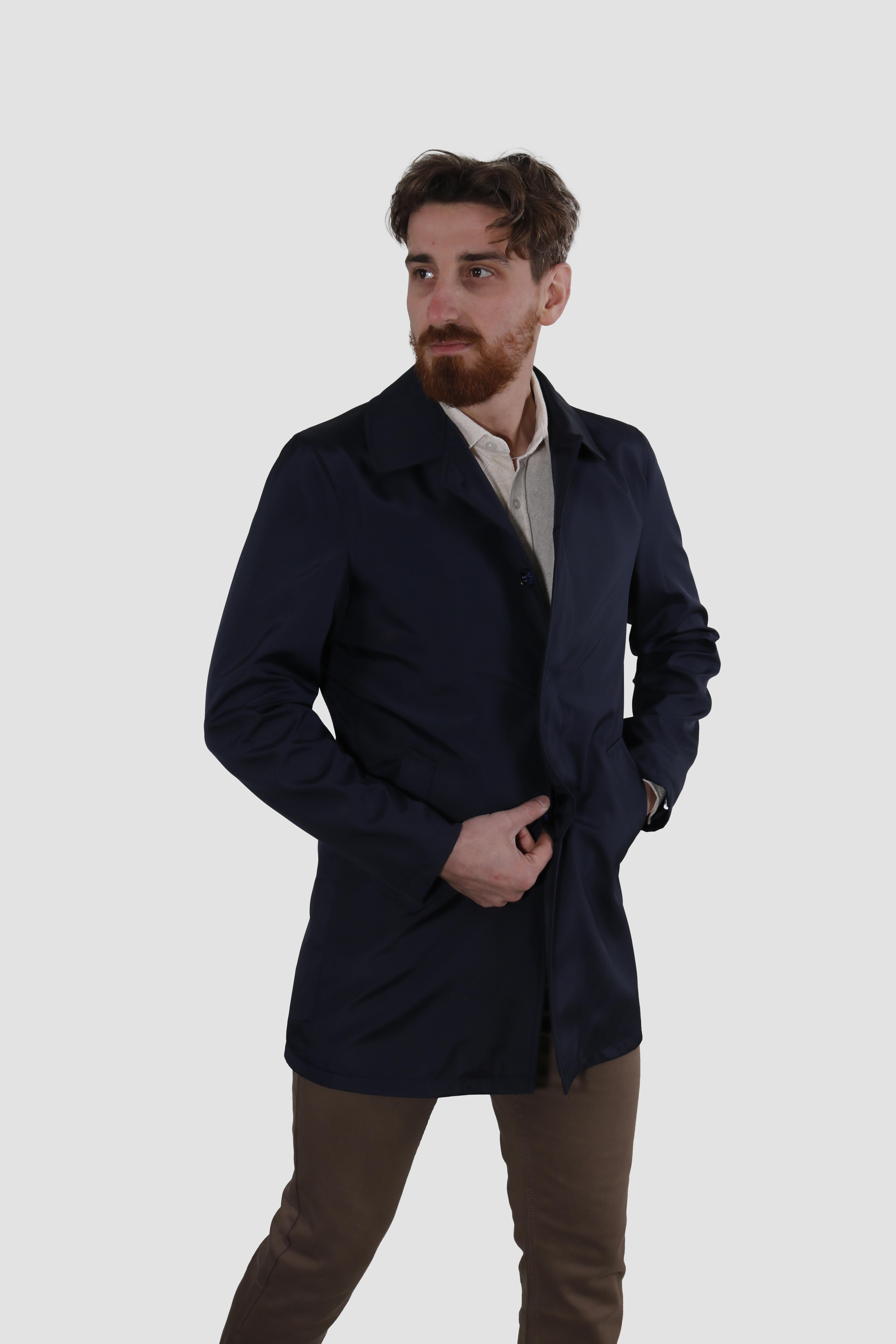Erkek Kısa Bebe Yaka Kısa Slim Fit Trençkot  Y128-LACİVERT