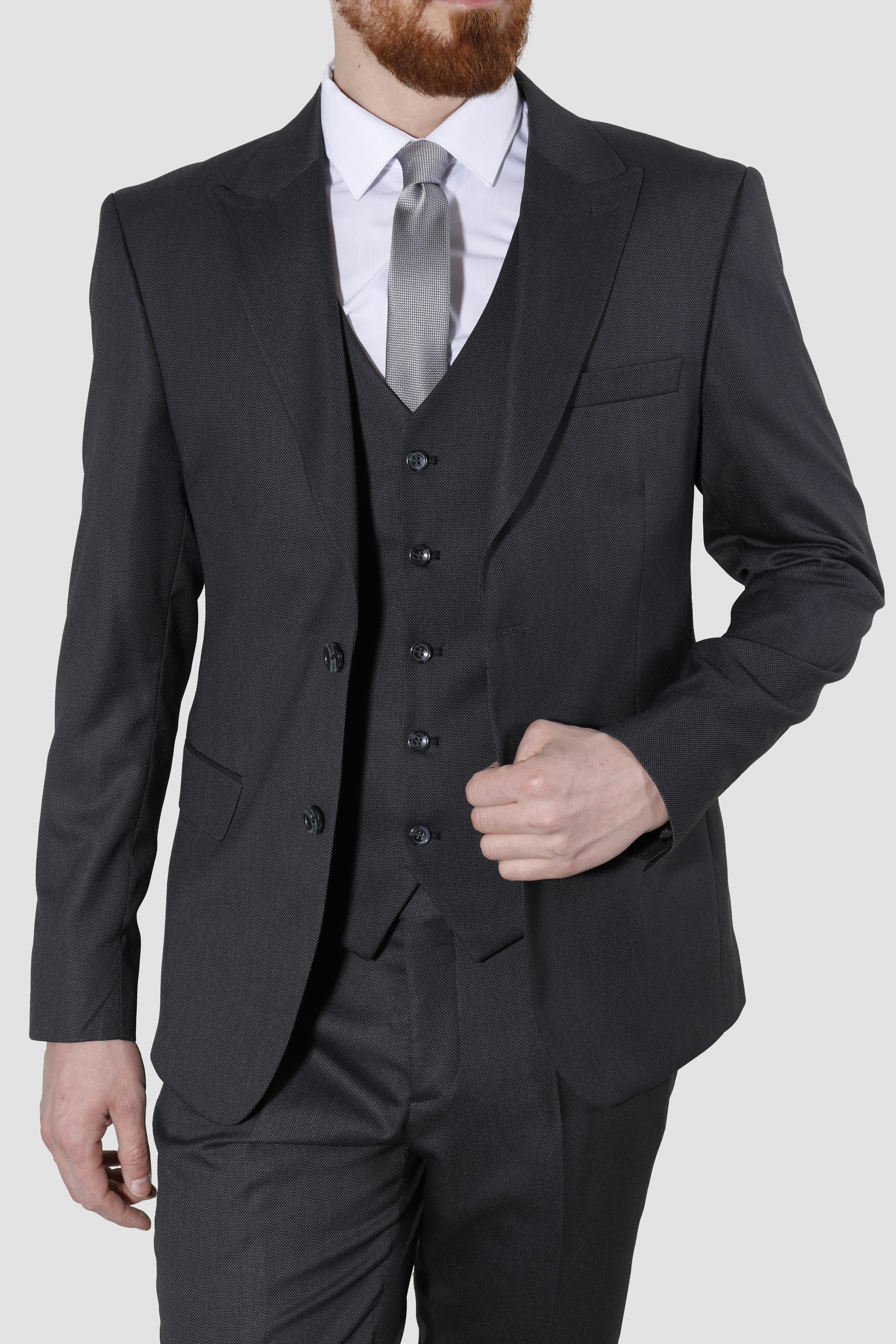 Erkek Desenli Yelekli Slim Fit Takım Elbise 6000Y-14GRİ