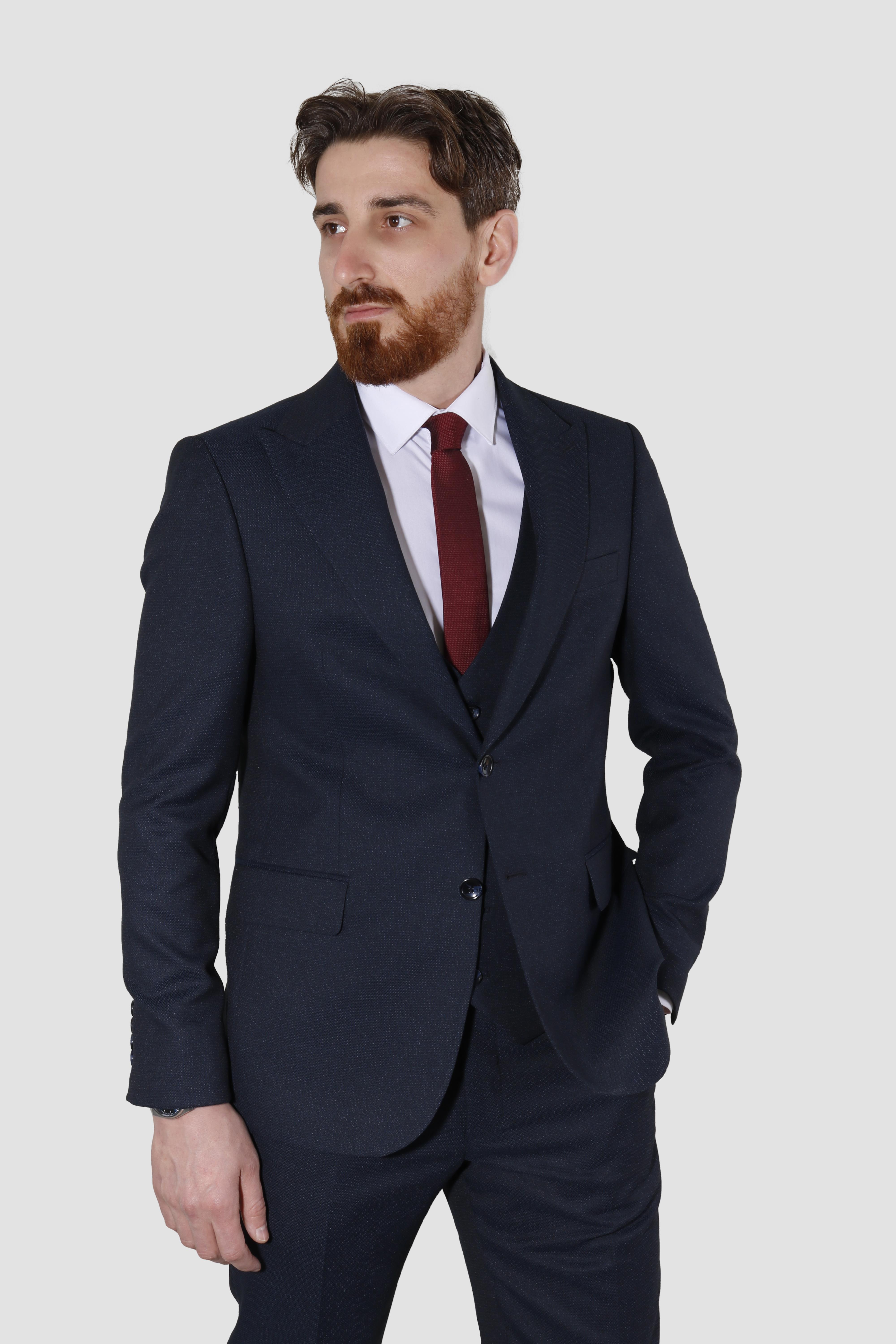 Erkek Desenli Yelekli Slim Fit Takım Elbise 6020-LACİVERT