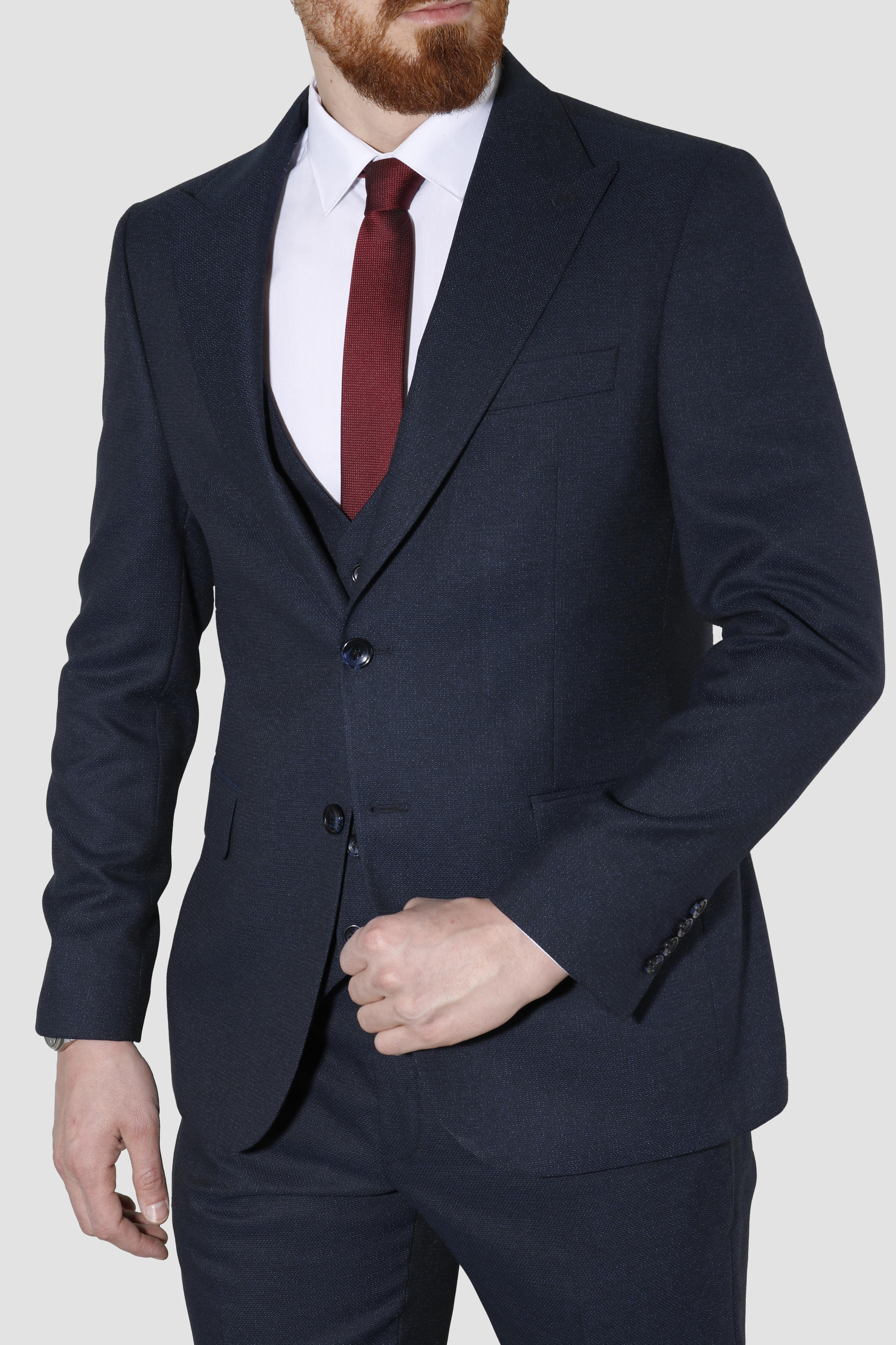 Erkek Desenli Yelekli Slim Fit Takım Elbise 6020-LACİVERT
