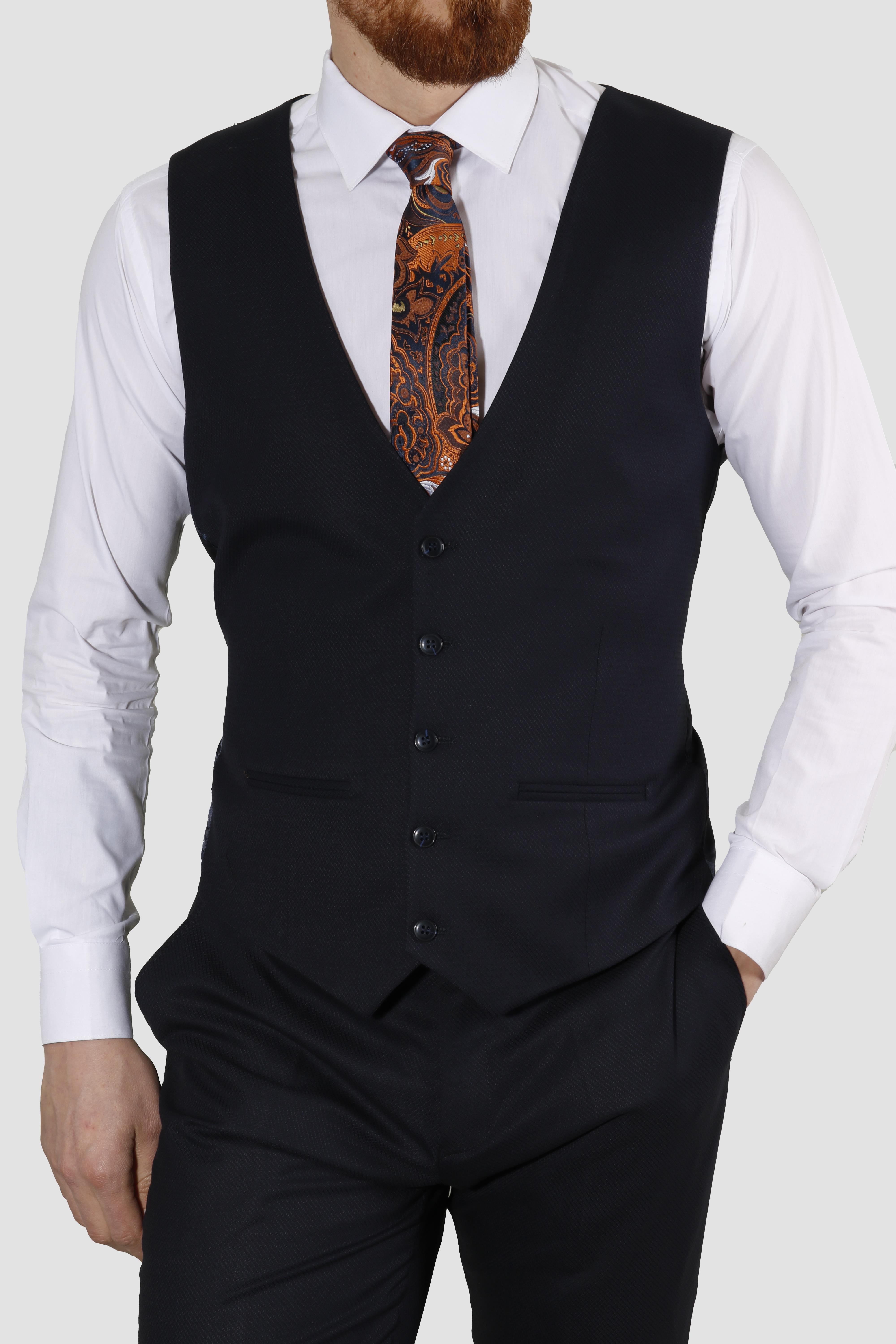 Erkek Armürlü Yelekli Slim Fit Takım Elbise 6023AR-LACİVERT