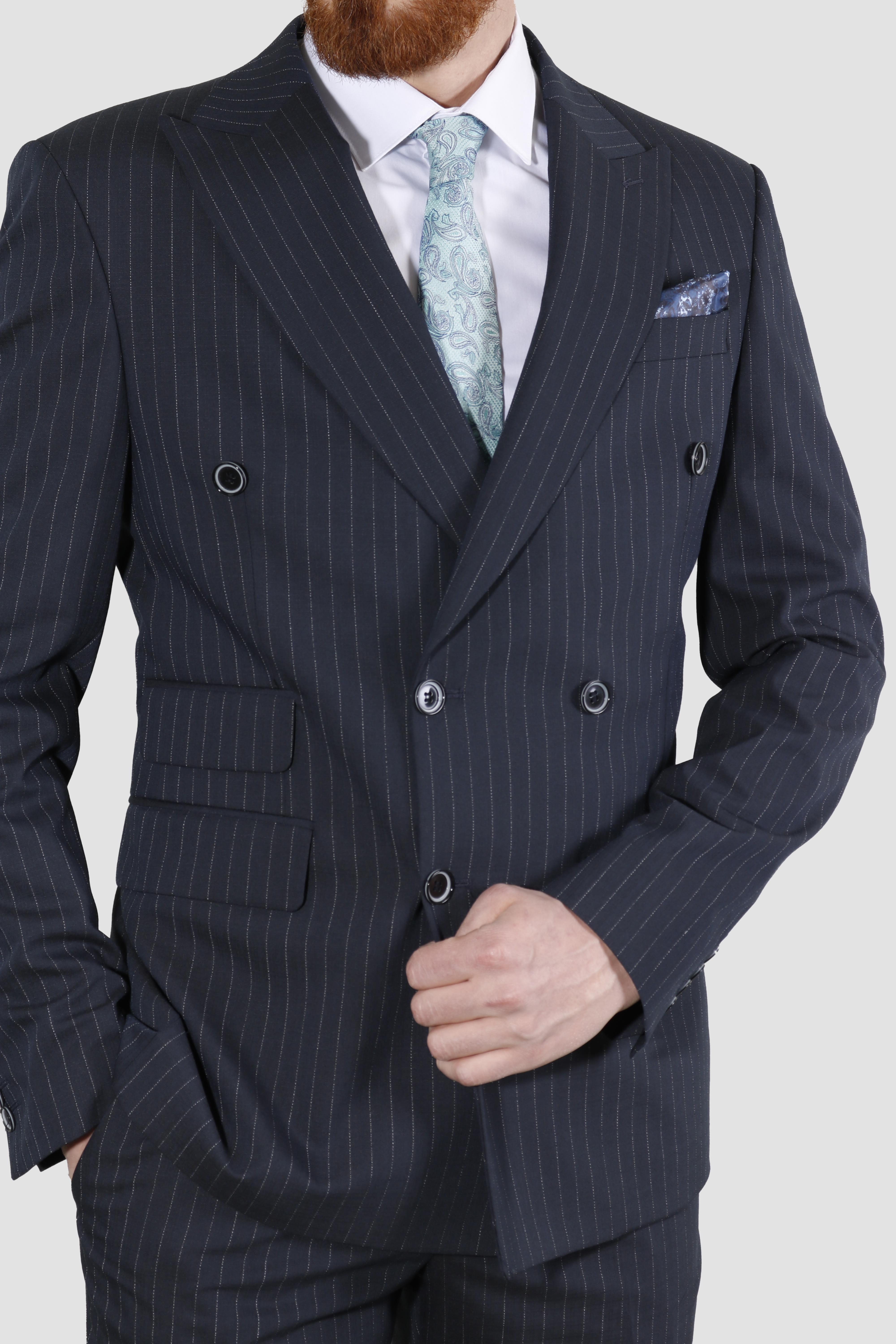 Erkek Çizgili Kruvaze Slim Fit Takım Elbise 6025-K.LACİVERT