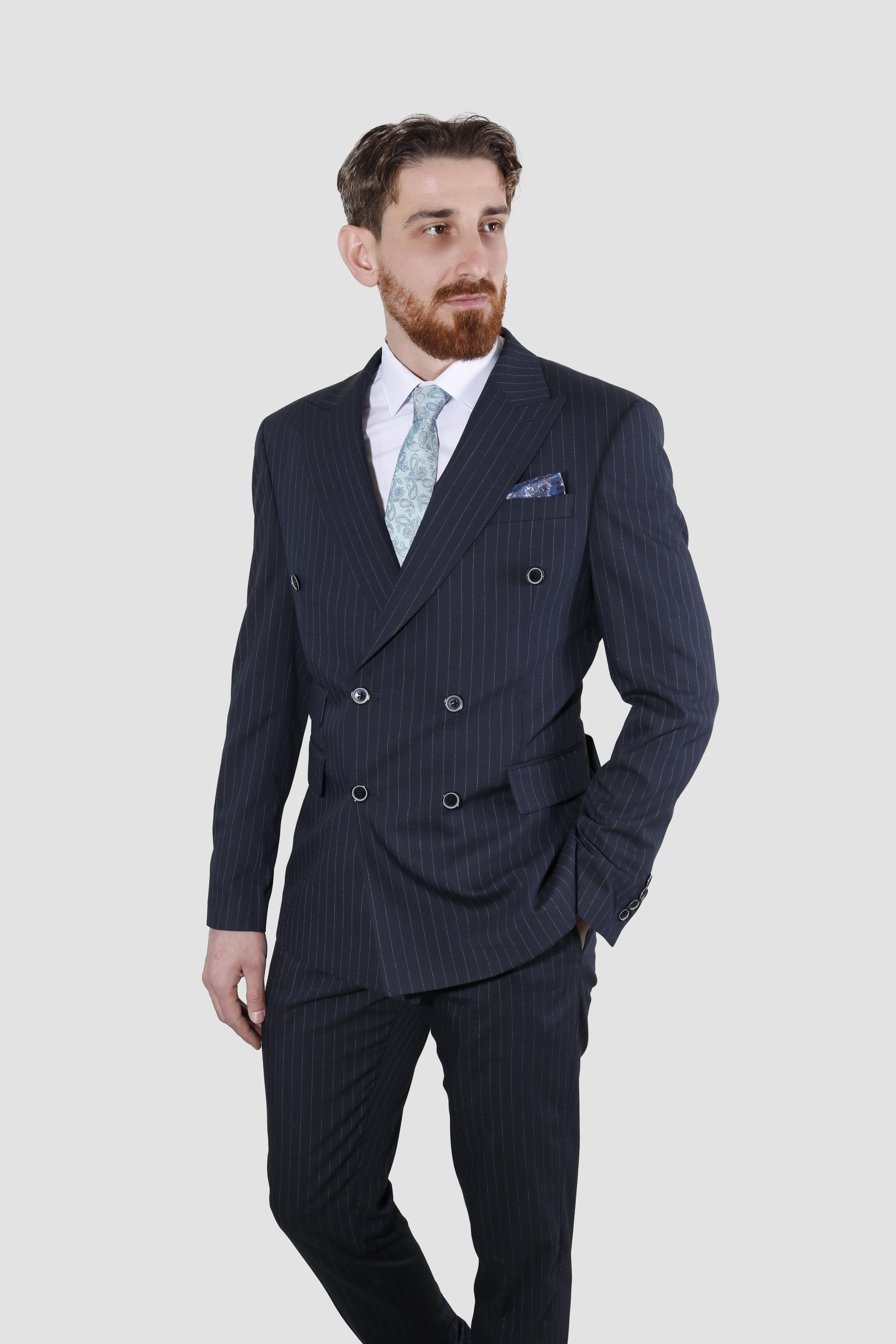 Erkek Çizgili Kruvaze Slim Fit Takım Elbise 6025-K.LACİVERT