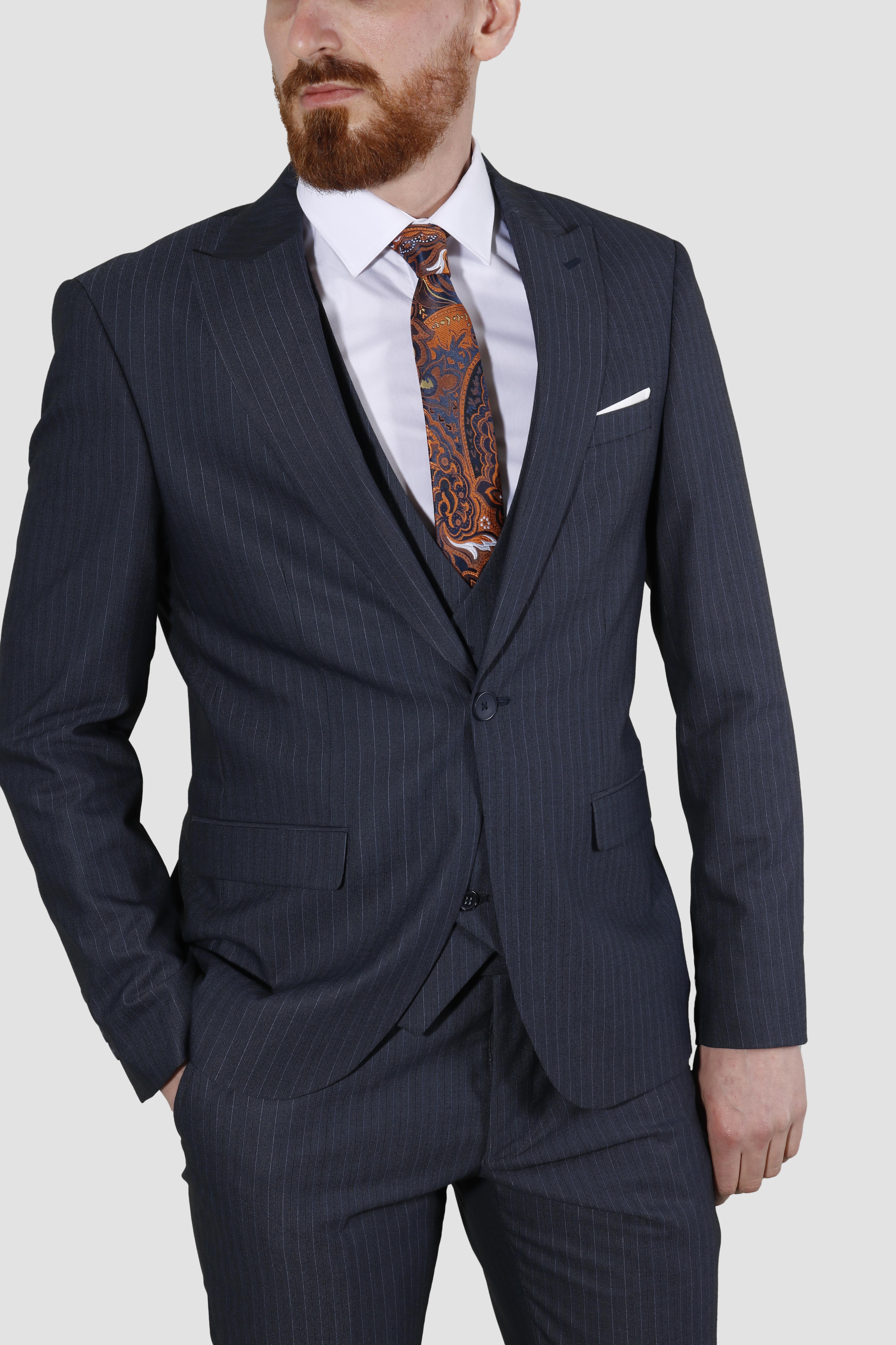 Erkek Tek Düğme Çizgili Yelekli Slim Fit Takım Elbise 6561-LACİVERT