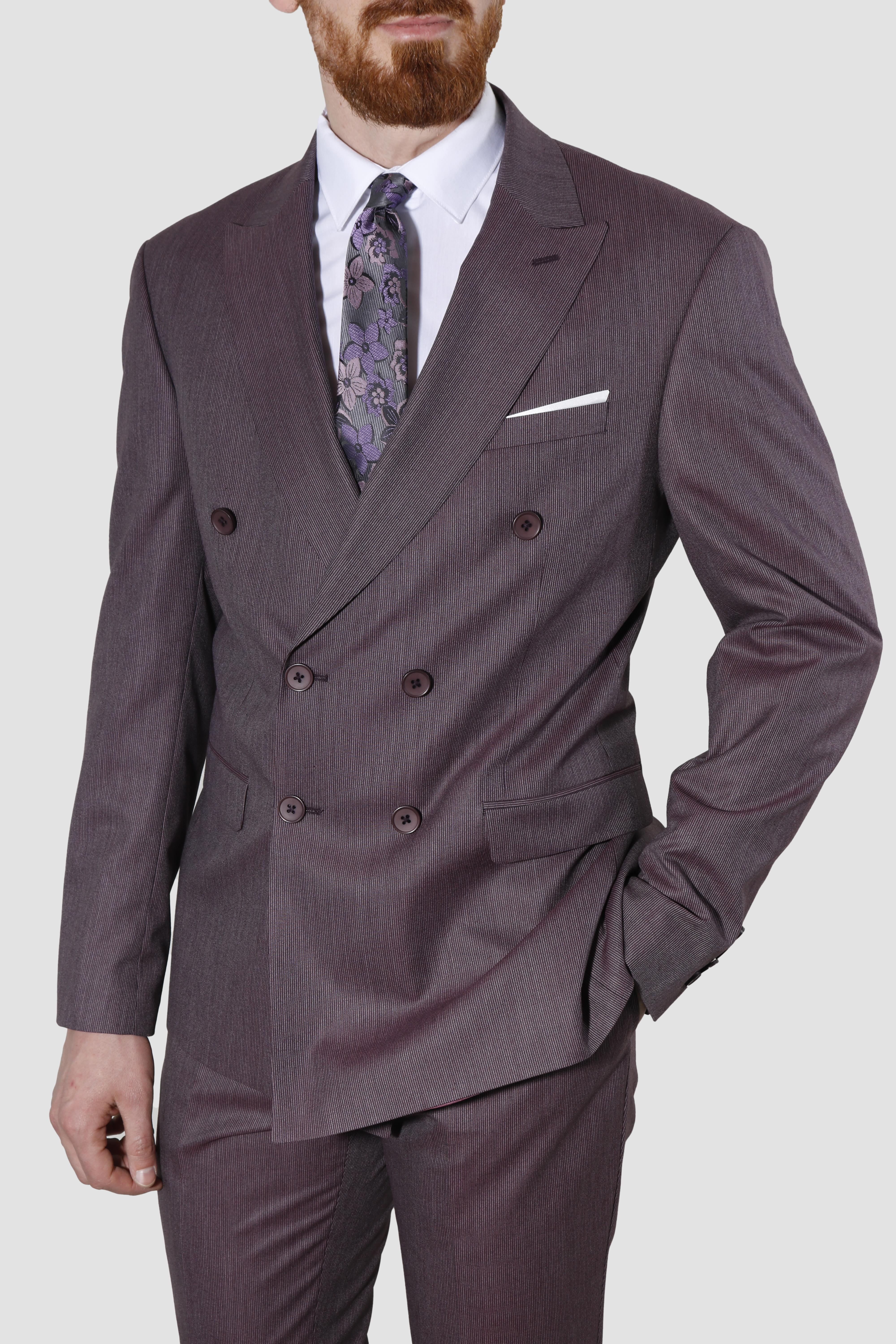 Erkek Çizgili Kruvaze Slim Fit Takım Elbise 6562-VİŞNE