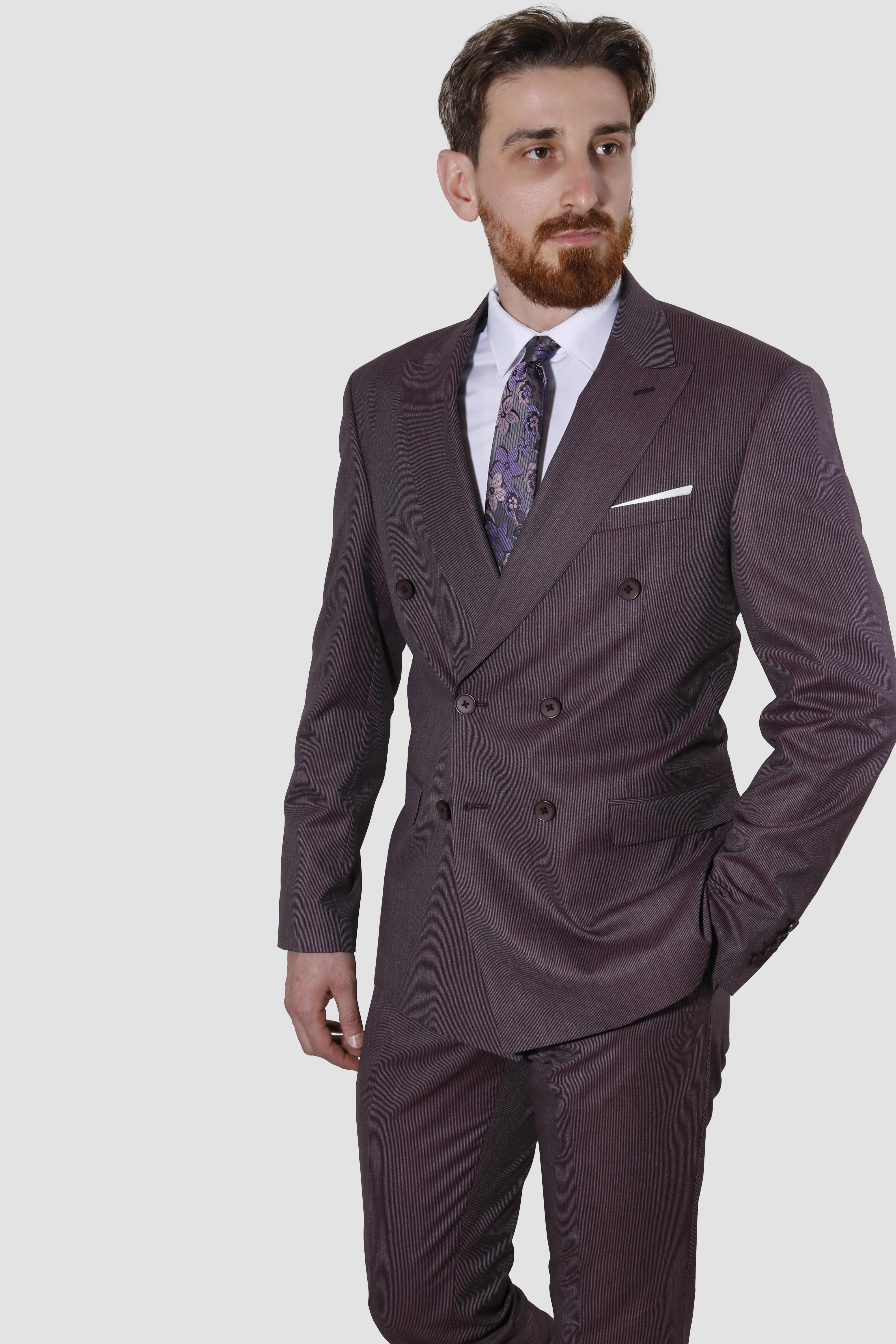 Erkek Çizgili Kruvaze Slim Fit Takım Elbise 6562-VİŞNE
