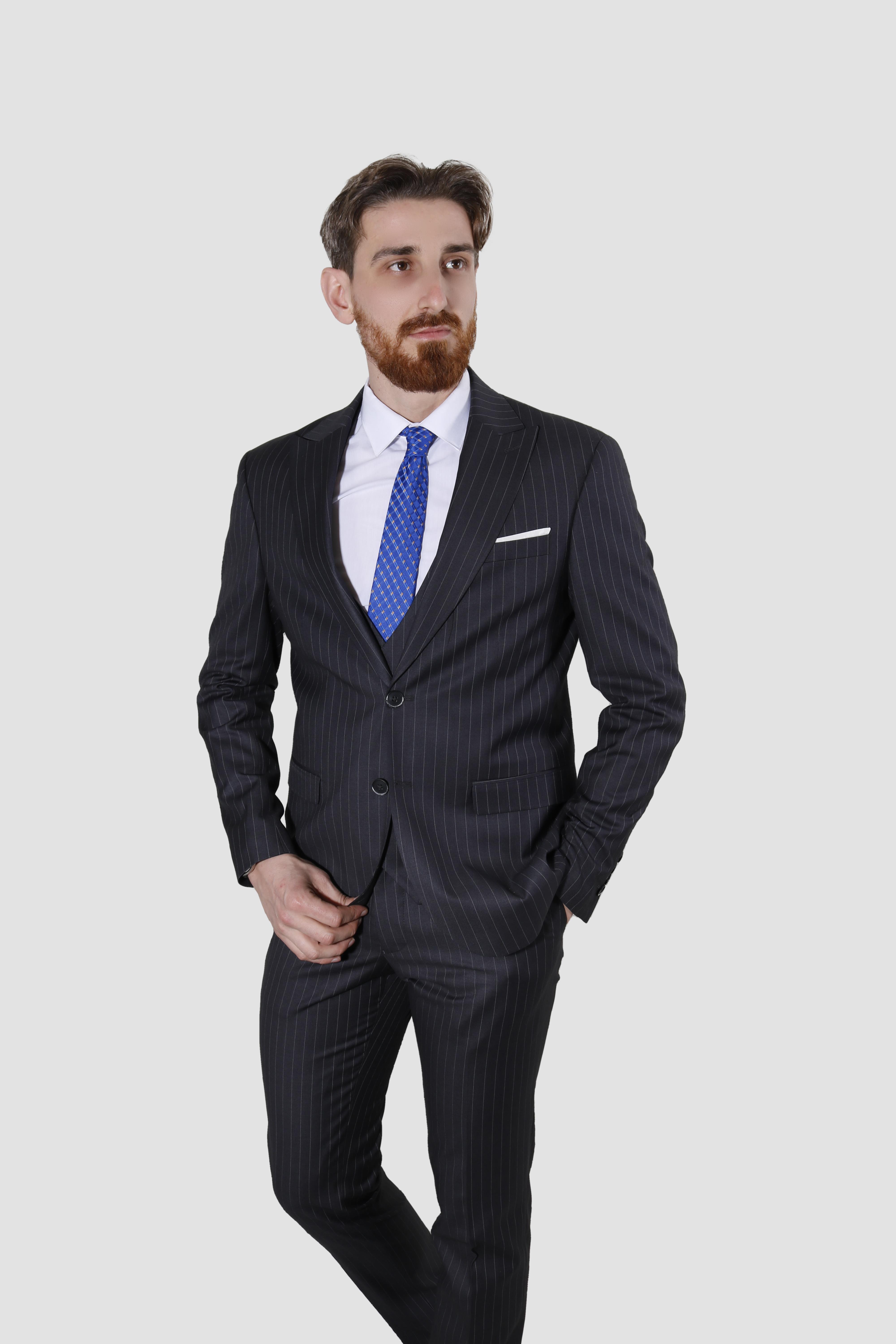 Erkek Çizgili Yelekli Slim Fit Takım Elbise 6566-ANTRASİT
