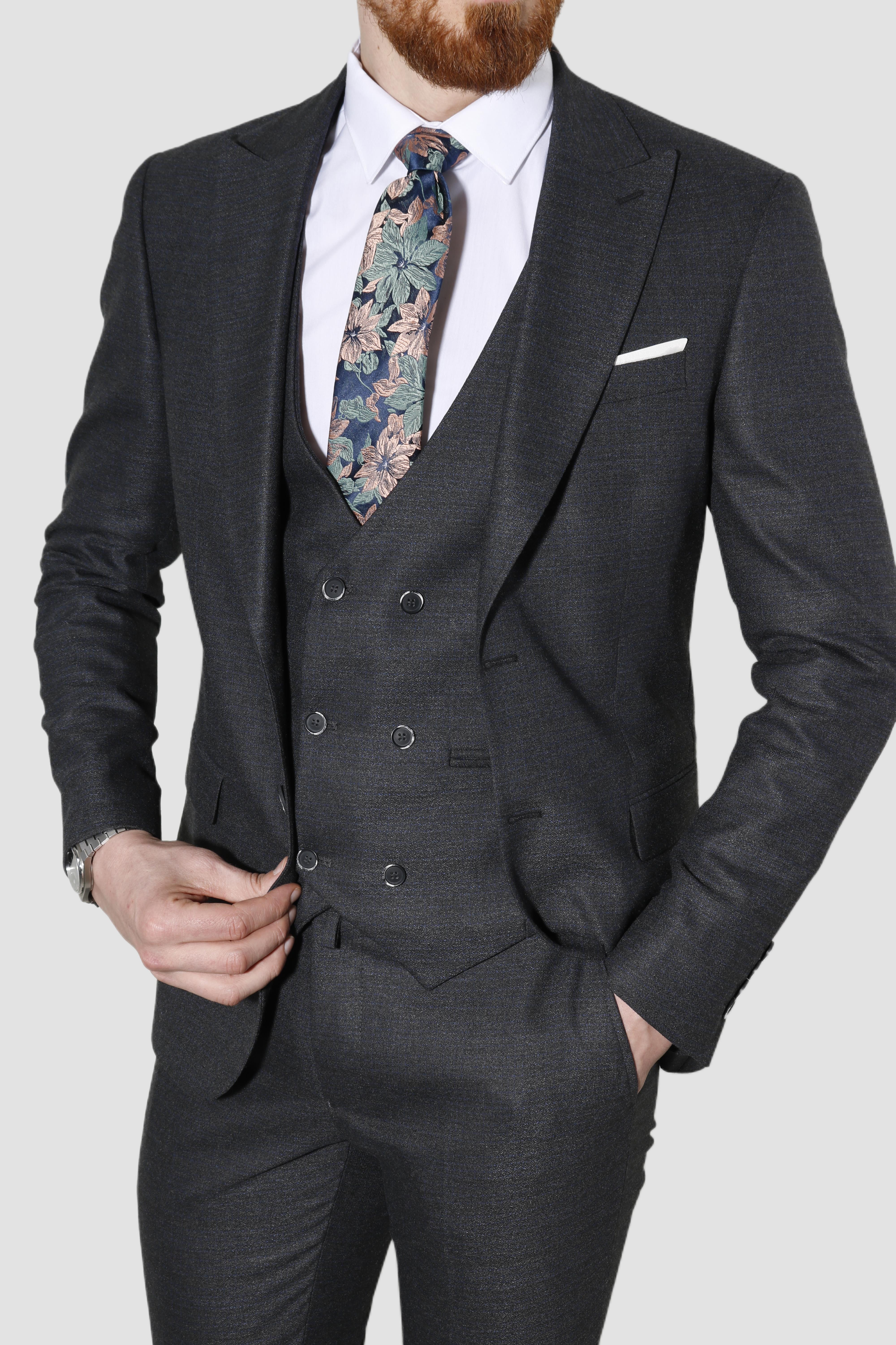 Erkek Çizgili Yelekli Slim Fit Takım Elbise 6566-SİYAH
