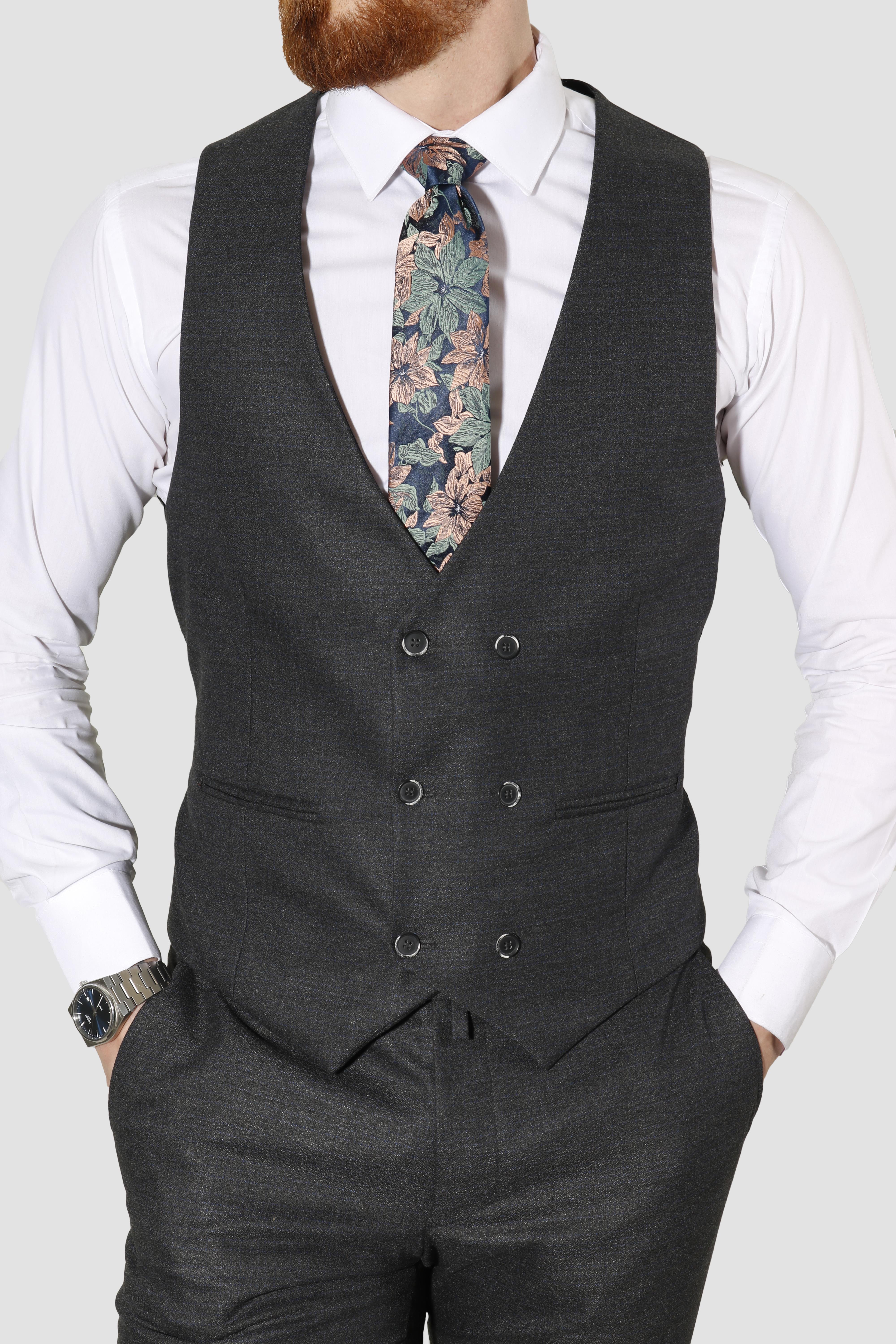 Erkek Desenli Yelekli Slim Fit Takım Elbise 6566-SİYAH