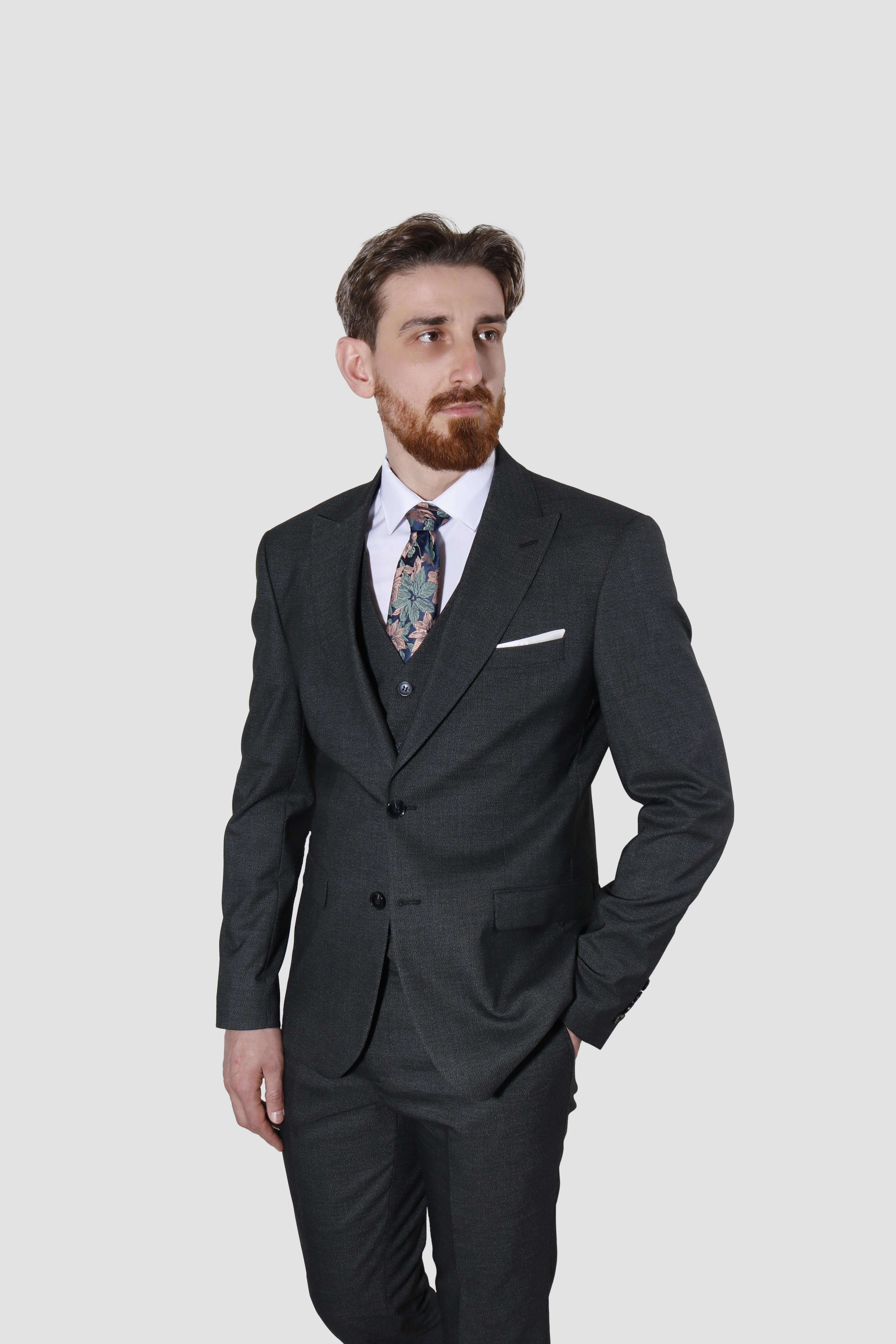 Erkek Desenli Yelekli Slim Fit Takım Elbise 6570-ANTRASİT