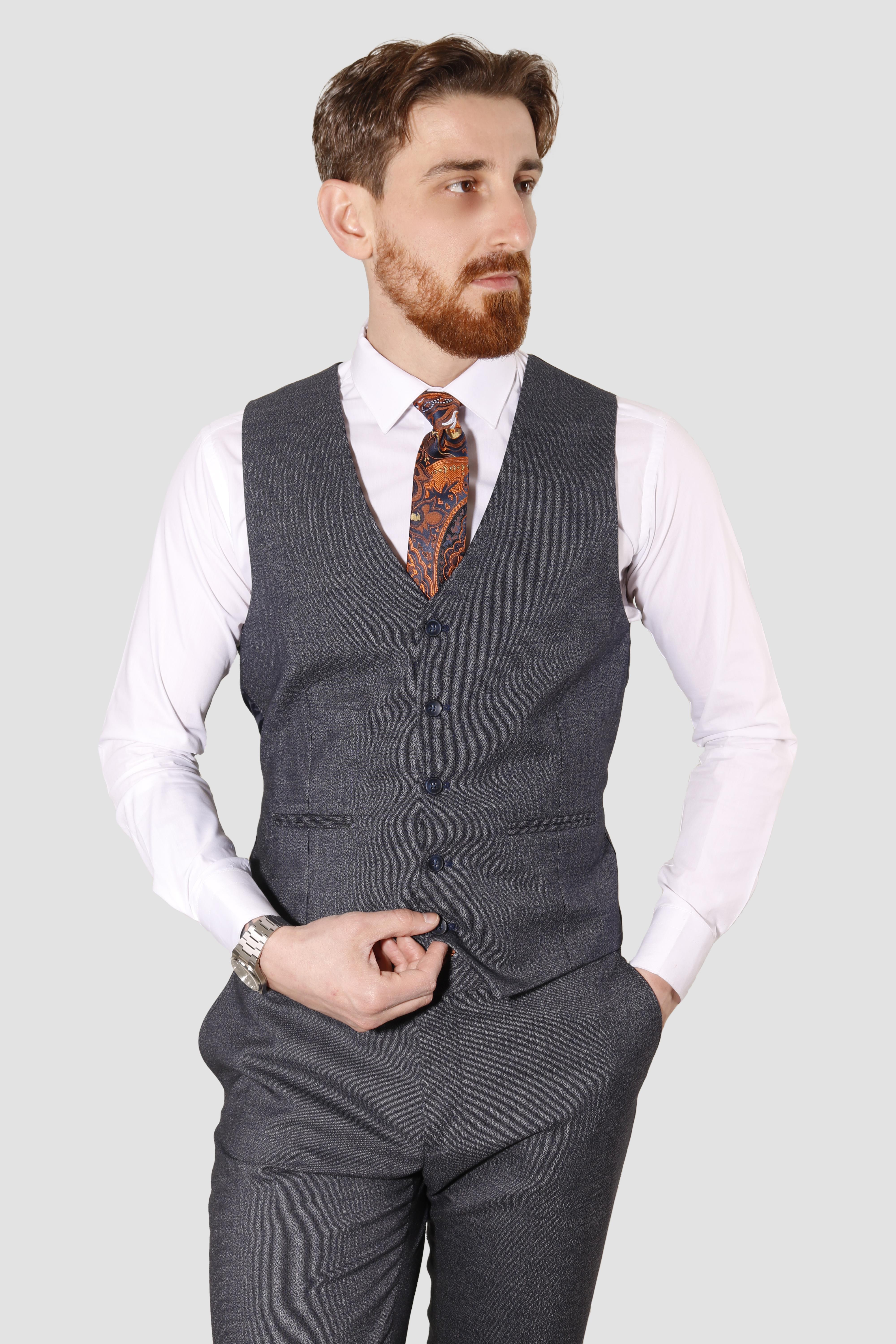 Erkek Desenli Yelekli Slim Fit Takım Elbise 6570-LACİVERT