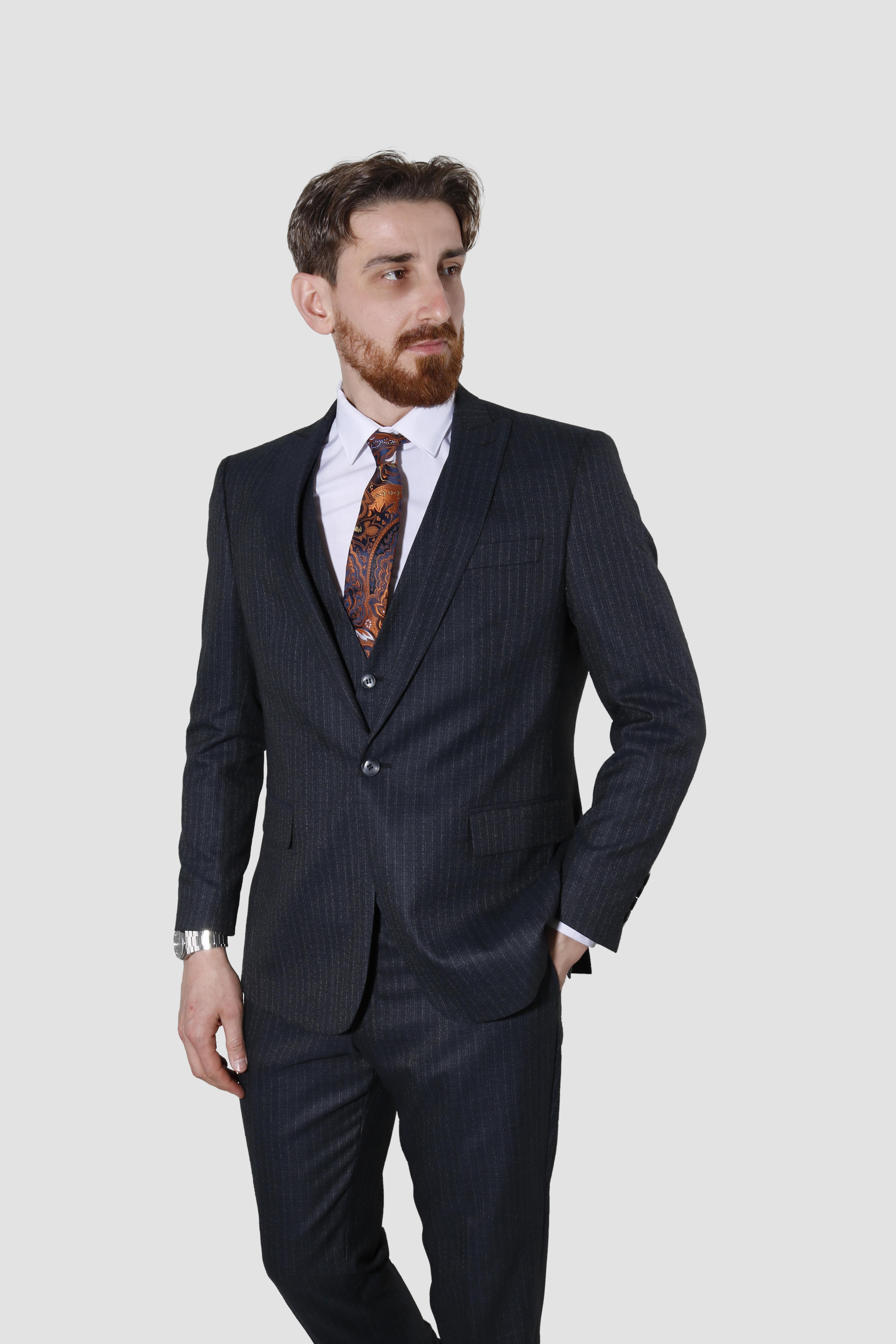 Erkek Tek Düğme Çizgili Desenli Slim Fit Takım Elbise 4051-SİYAH