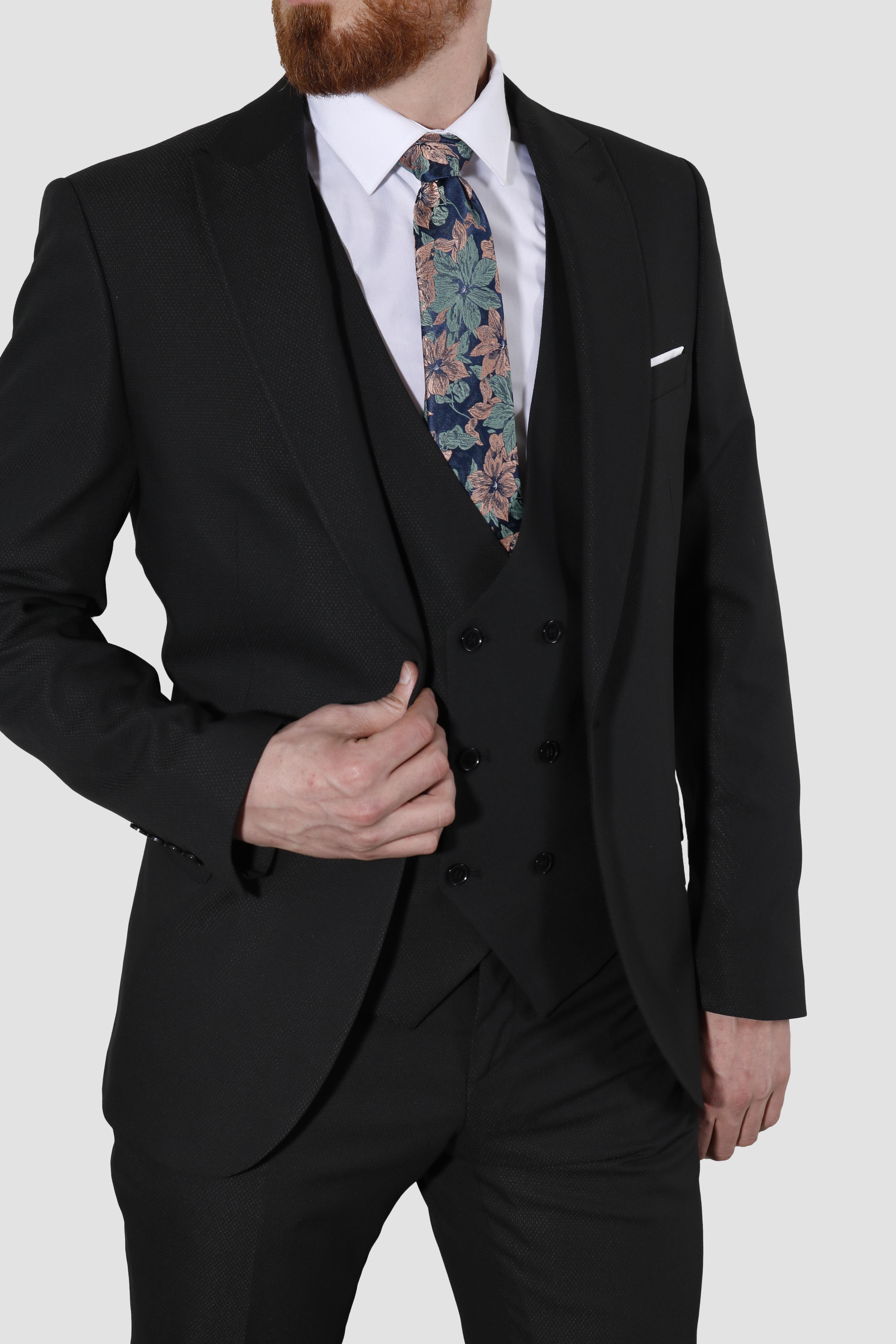 Erkek Tek Düğme Armürlü Yelekli Slim Fit Takım Elbise 6050-SİYAH
