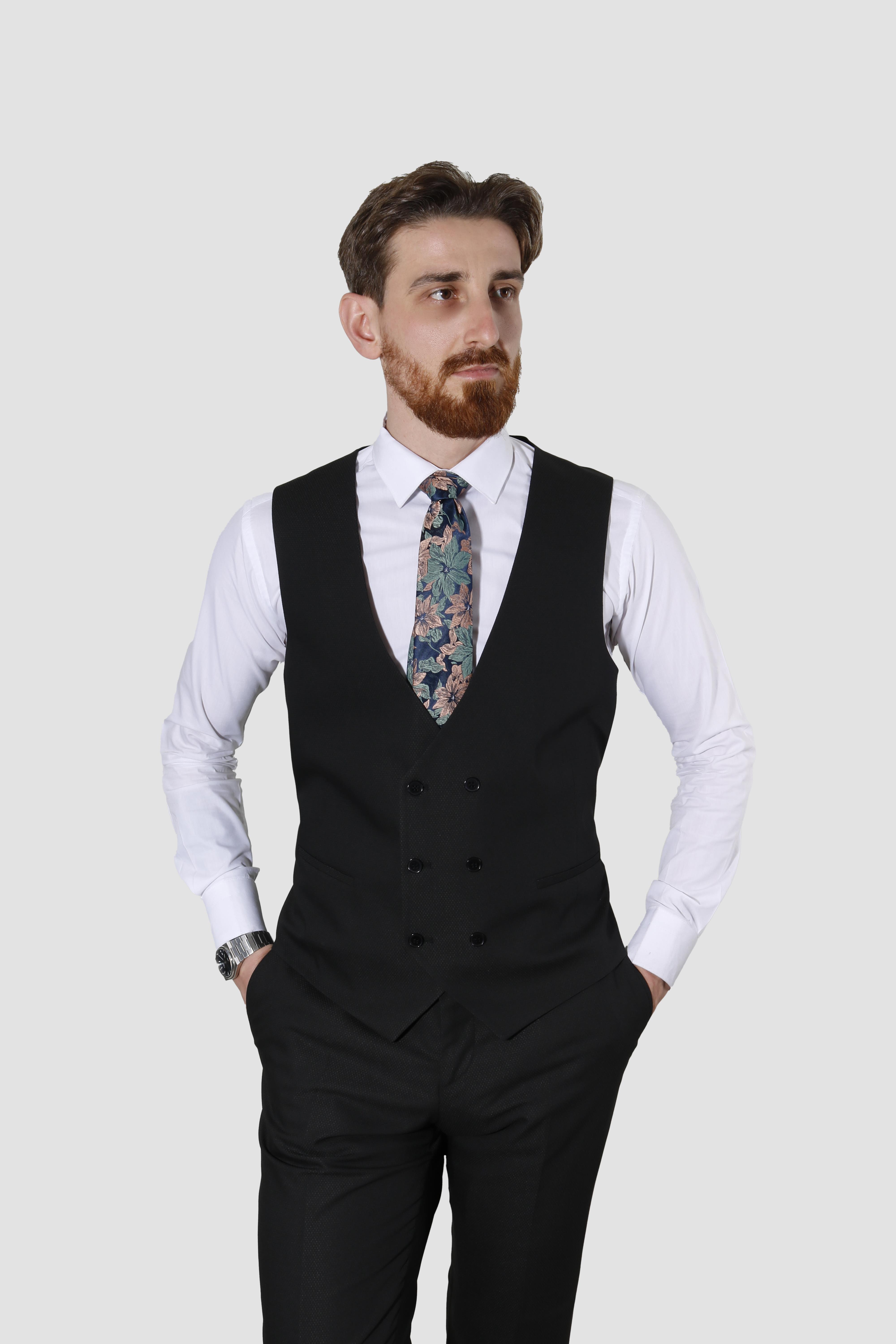 Erkek Tek Düğme Armürlü Yelekli Slim Fit Takım Elbise 6050-SİYAH