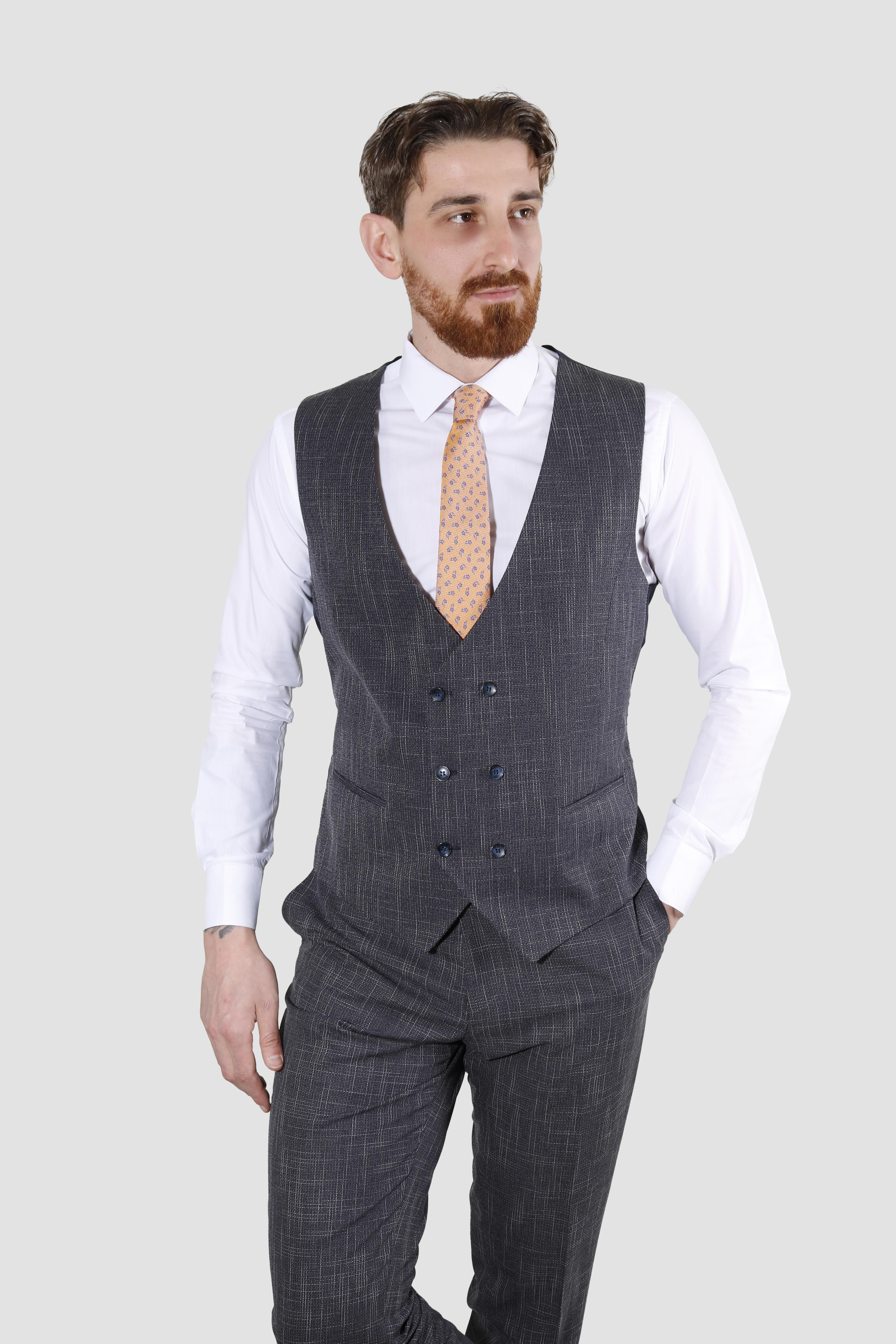 Erkek Tek Düğme Çizgili Slim Fit Takım Elbise 6506-LACİVERT