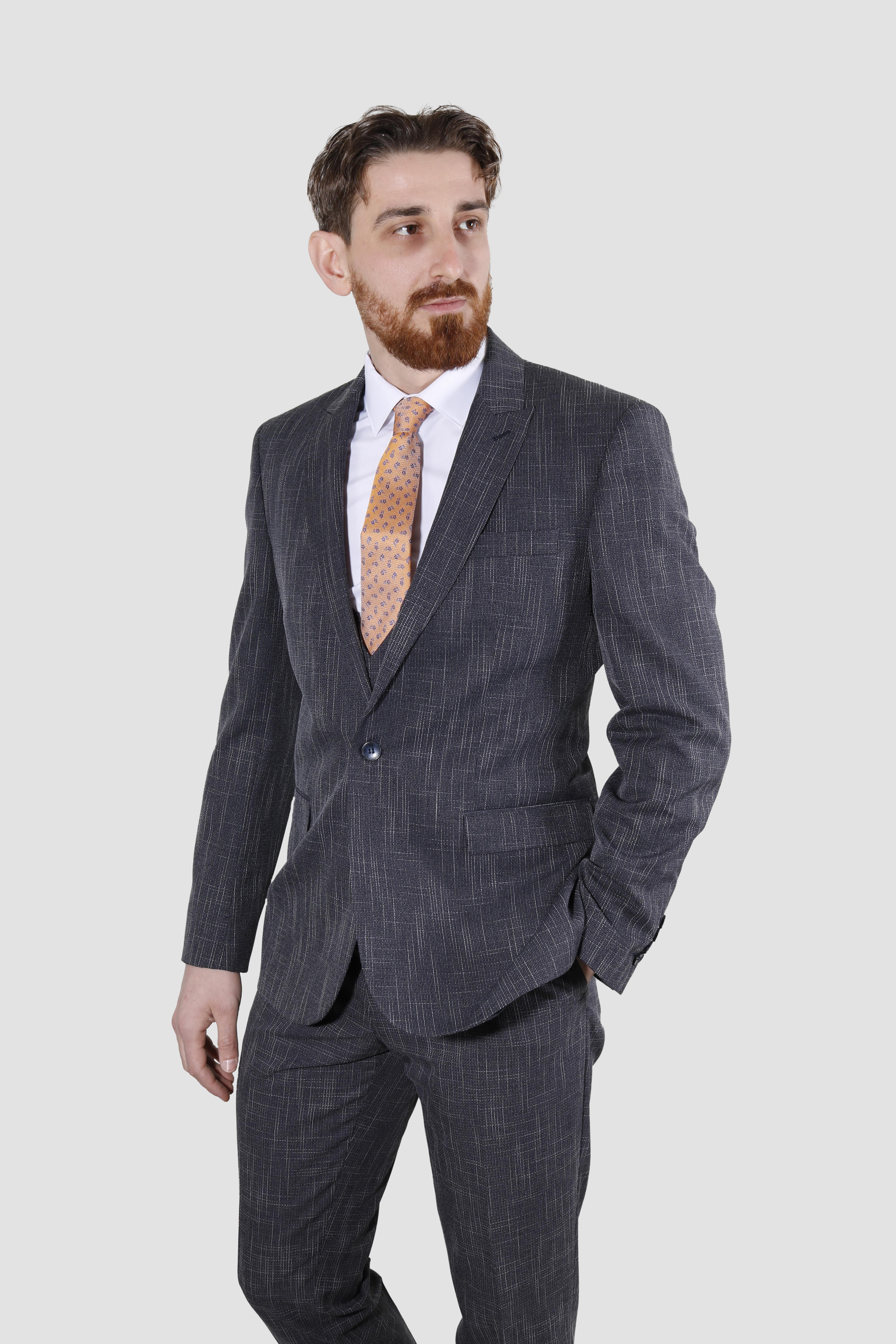 Erkek Tek Düğme Çizgili Slim Fit Takım Elbise 6506-LACİVERT