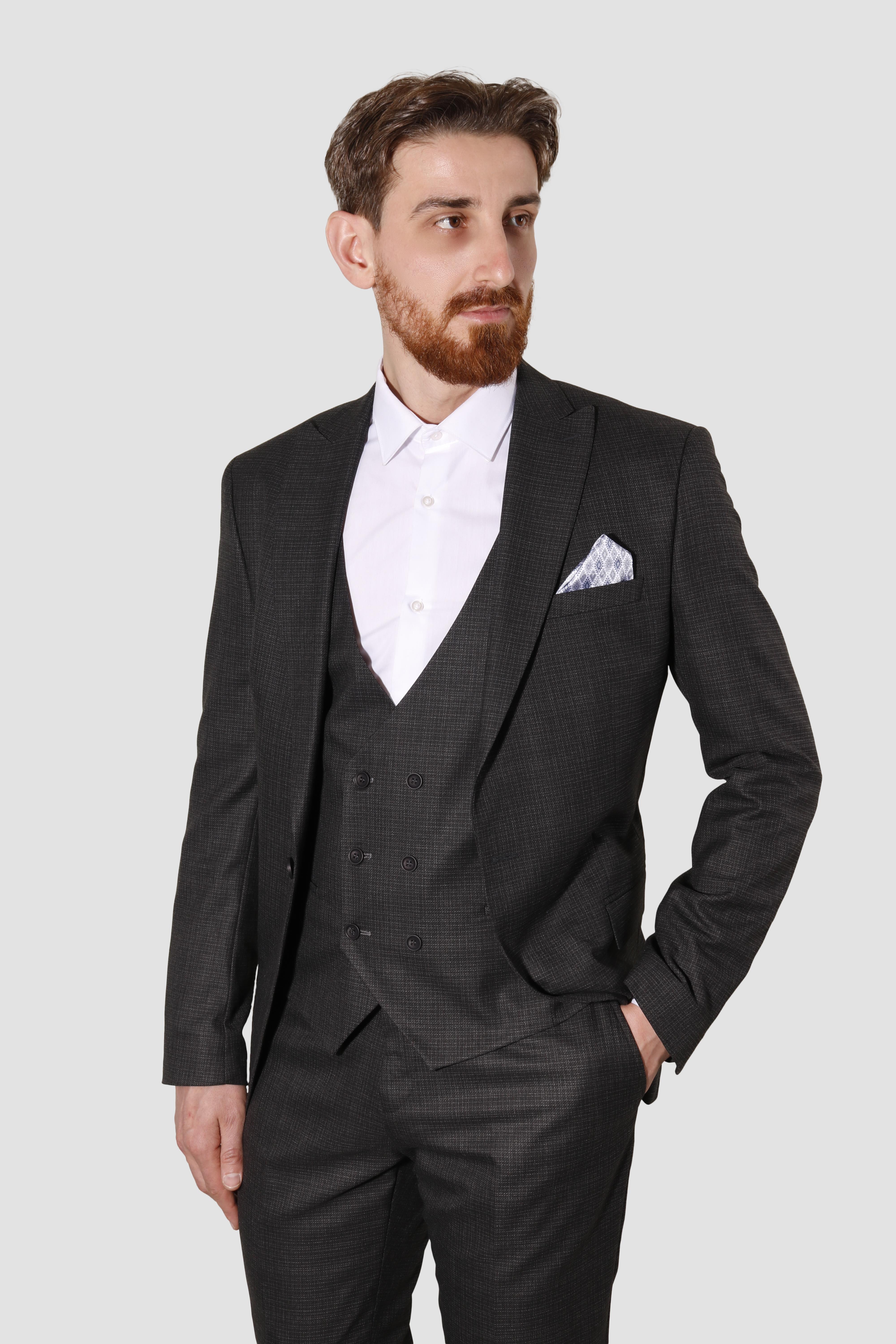 Erkek Tek Düğme Desenli Yelekli Slim Fit Takım Elbise 7007-SİYAH