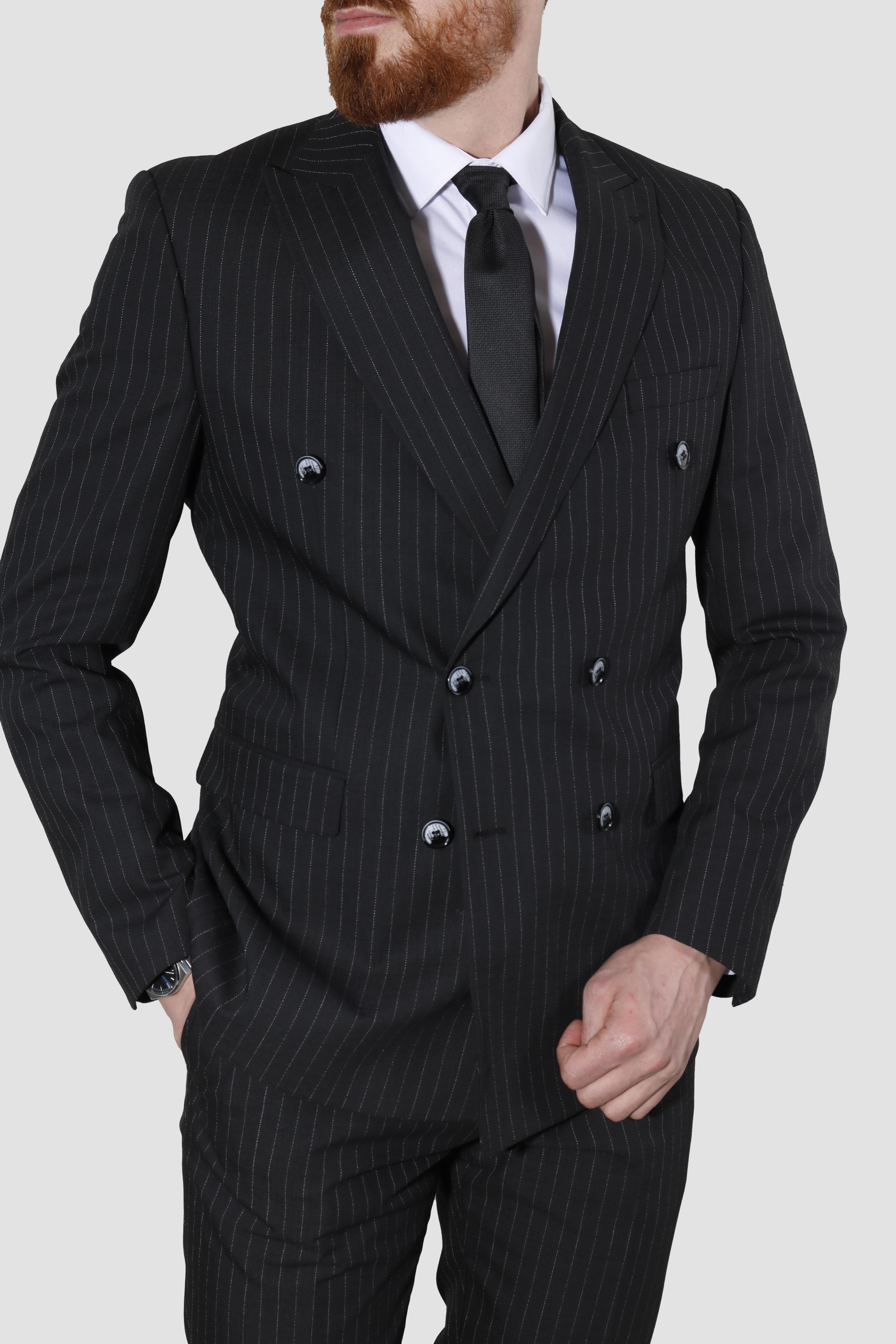 Erkek Çizgili Kruvaze Slim Fit Takım Elbise ARMADA09-SİYAH