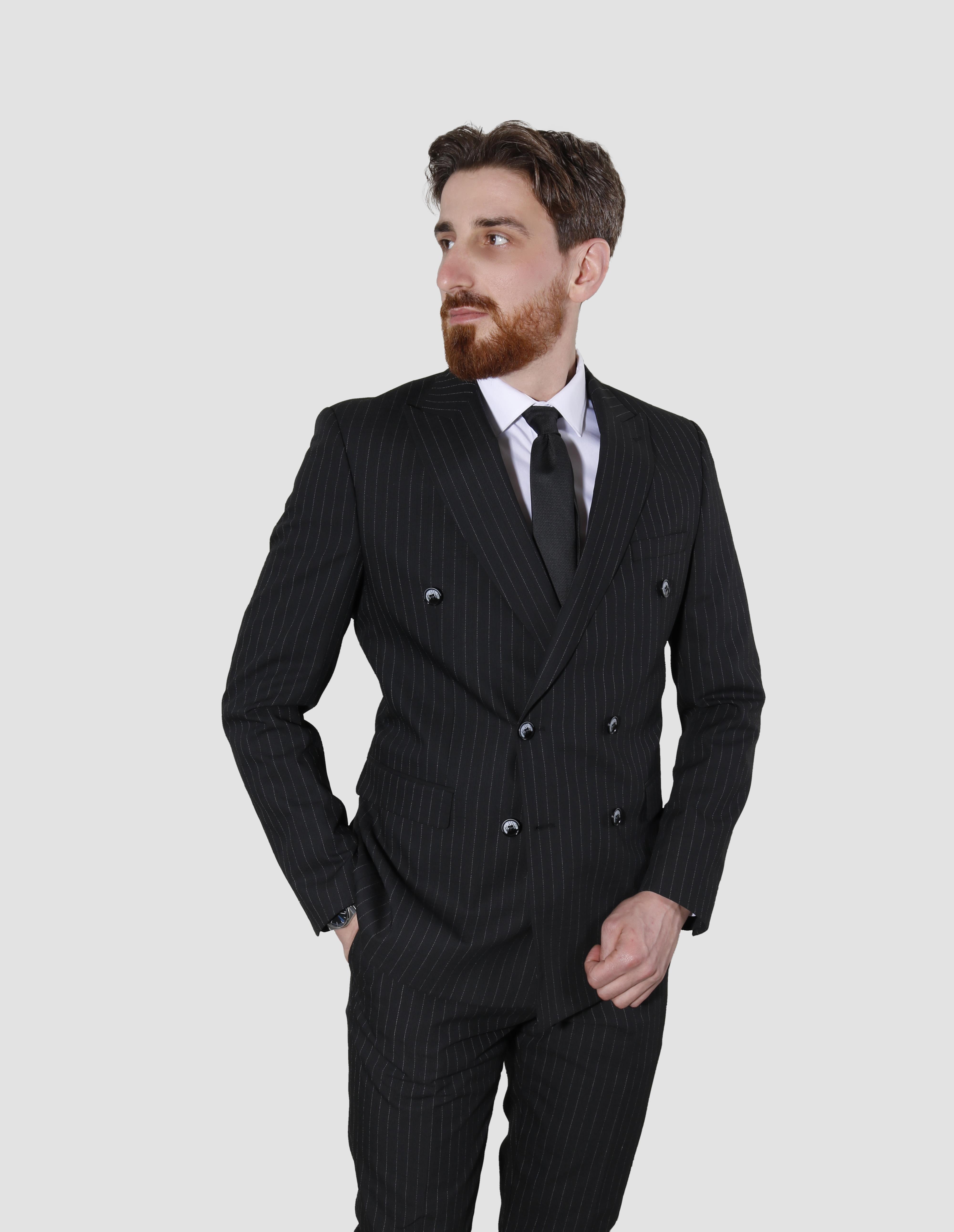 Erkek Çizgili Kruvaze Slim Fit Takım Elbise ARMADA09-SİYAH