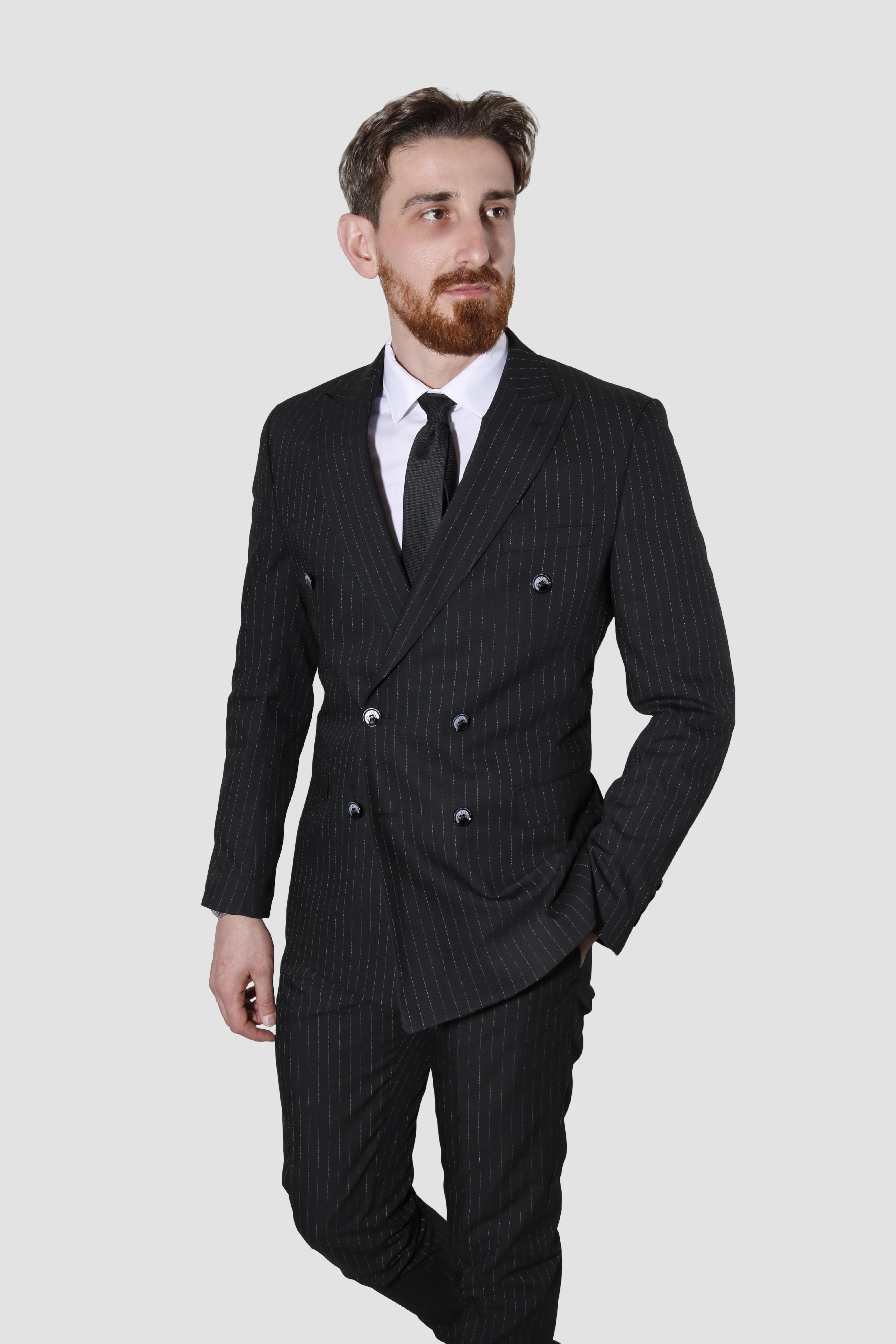 Erkek Çizgili Kruvaze Slim Fit Takım Elbise ARMADA09-SİYAH