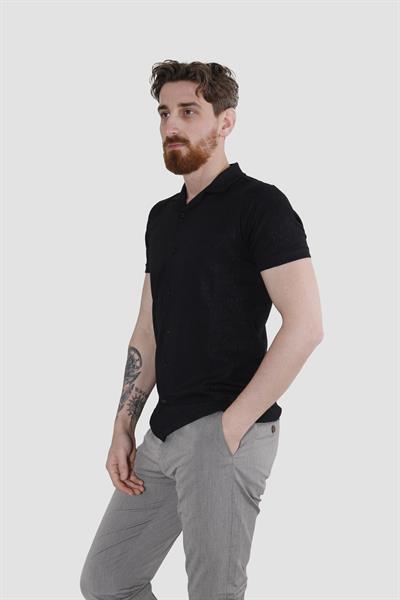 Erkek Jakarlı Apaçi Yaka Pamuklu Slim Fit Yazlık Gömlek 2545-SİYAH