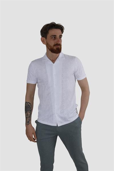 Erkek Jakarlı Apaçi Yaka Pamuklu Slim Fit Yazlık Gömlek 2545-BEYAZ