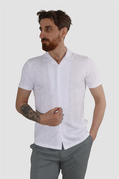 Erkek Jakarlı Apaçi Yaka Pamuklu Slim Fit Yazlık Gömlek 2545-BEYAZ