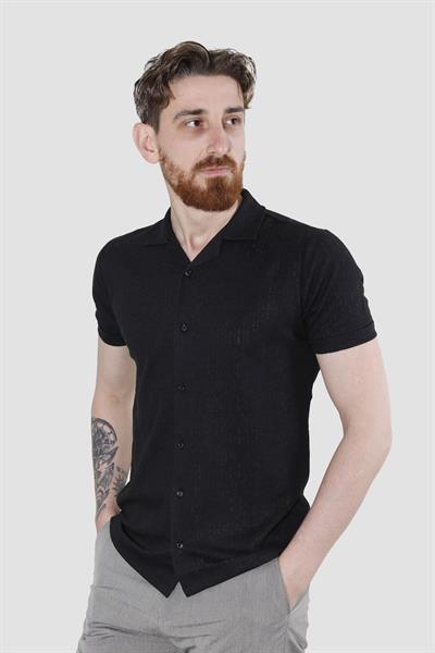 Erkek Jakarlı Apaçi Yaka Pamuklu Slim Fit Yazlık Gömlek 2545-SİYAH