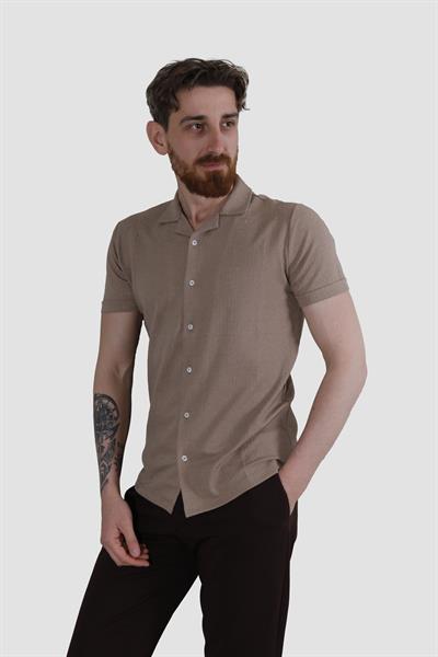 Erkek Jakarlı Apaçi Yaka Pamuklu Slim Fit Yazlık Gömlek 2545-VİZON