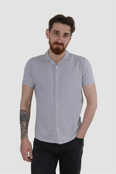 Erkek Jakarlı Apaçi Yaka Pamuklu Slim Fit Yazlık Gömlek 2545-GRİ