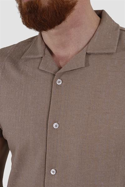 Erkek Jakarlı Apaçi Yaka Pamuklu Slim Fit Yazlık Gömlek 2545-VİZON