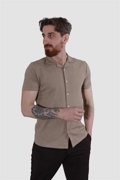 Erkek Jakarlı Apaçi Yaka Pamuklu Slim Fit Yazlık Gömlek 2545-VİZON