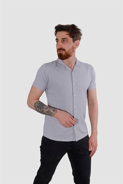 Erkek Jakarlı Apaçi Yaka Pamuklu Slim Fit Yazlık Gömlek 2545-GRİ