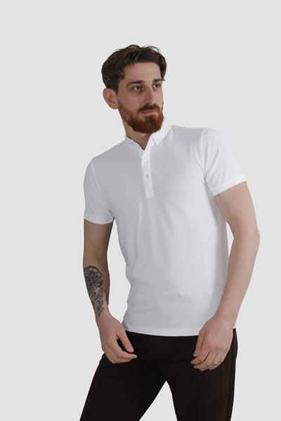 Erkek Gömlek Yaka Pamuklu Slim Fit Tişört 2562-Y-BEYAZ