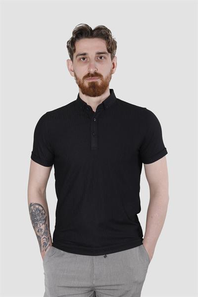 Erkek Gömlek Yaka Pamuklu Slim Fit Tişört 2562-Y-SİYAH
