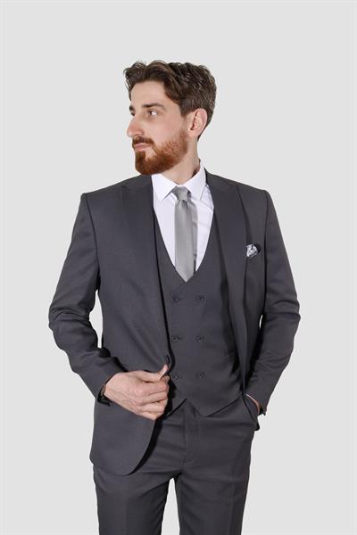 Erkek Armürlü Yelekli Slim Fit Takım Elbise 2810-ANTRASİT